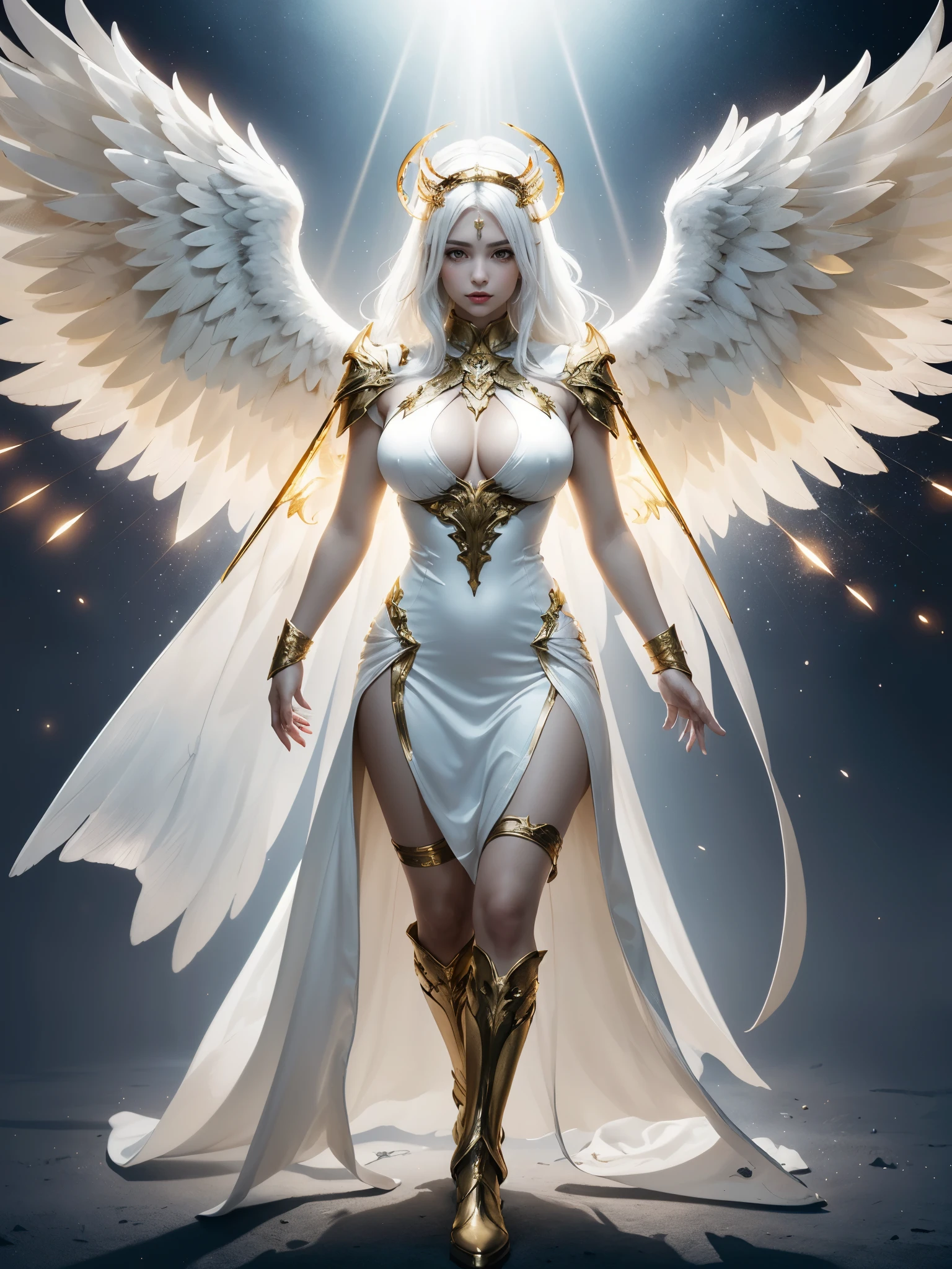 1girl, seraphim angel, (white and golden theme:1.2), huge breasts, big wings embellishment, golden boots, thighs, flowy white dress, white hair, golden halo headpiece, halo embellishment, particles of light, cinematic lighting, dramatic lighting, masterpiece, best quality, chariots of the god, guardian angel, 