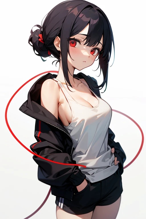 (((masterpiece))), red eyes, 1 girl, alone, looking at the viewer, chignon,chignon1.2, black hair, long sleeve, cleavage, medium breasts, closed mouth, clavicle, white tank top, Open Parka, black hoodie, shorts,Expressionless,Two-dimensional beautiful girl,,Japan anime beautiful girl,Cool Beautiful Girl,Tie your hair with a red string