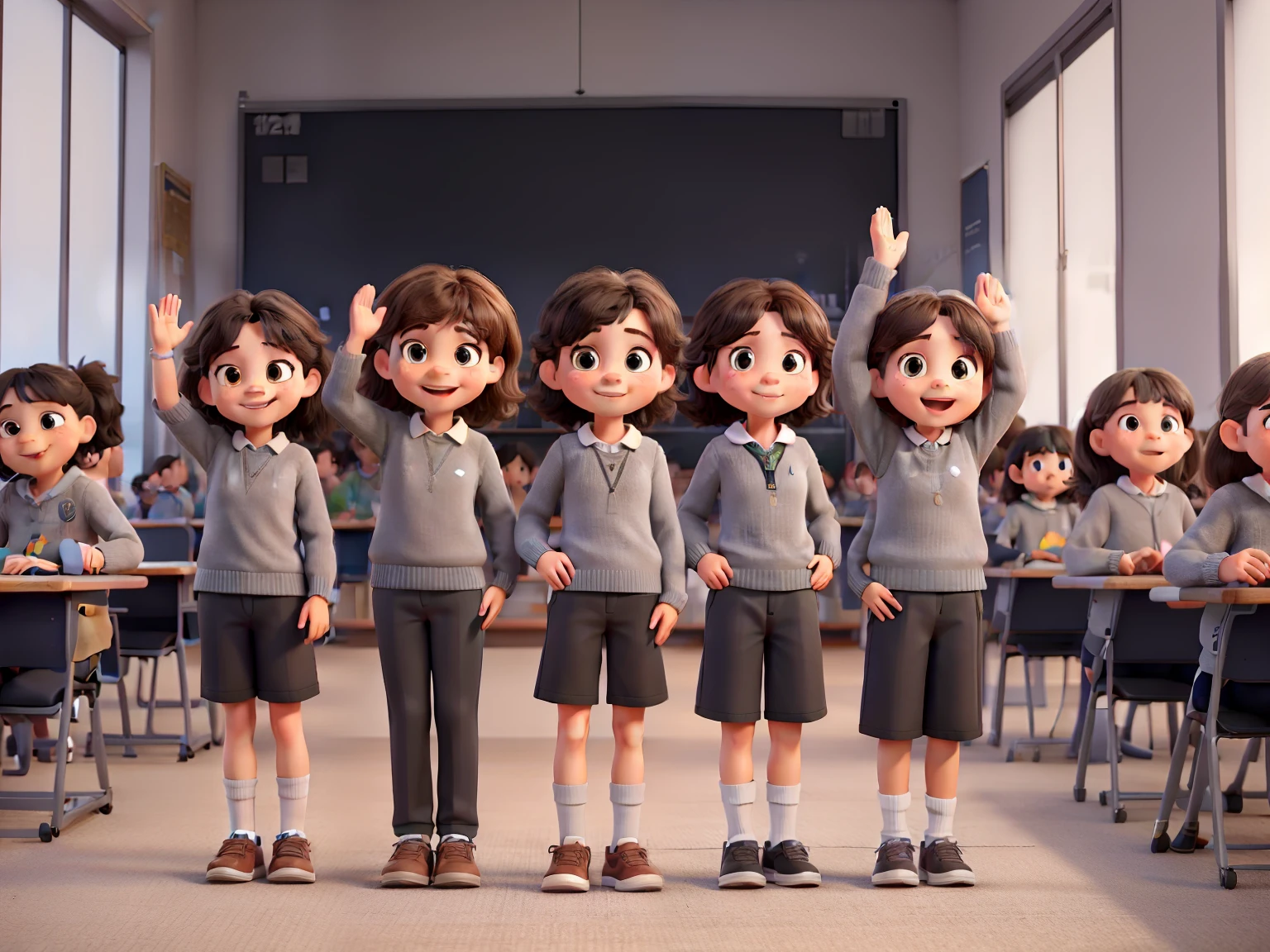 Class of Children girls (grey jumper, black trousers) in classroom waving goodbye!
