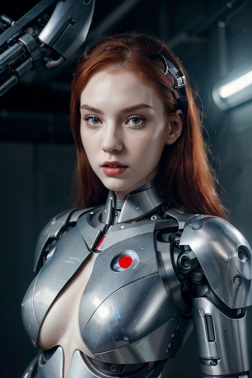 (masterpiece, best quality:1.2), woman with red hair posing for a picture, red hair and large eyes, pale-skinned perfect face, pale white face, with pale skin, 🤤 girl portrait, faint red lips, pale fair skin!!, red lips, pale skin and dark eyes, lovely delicate face, portait photo profile picture, hyper punk background, (humanoid cyborg:1.4) with (technological cyborg suit:1.4), standing and looking through