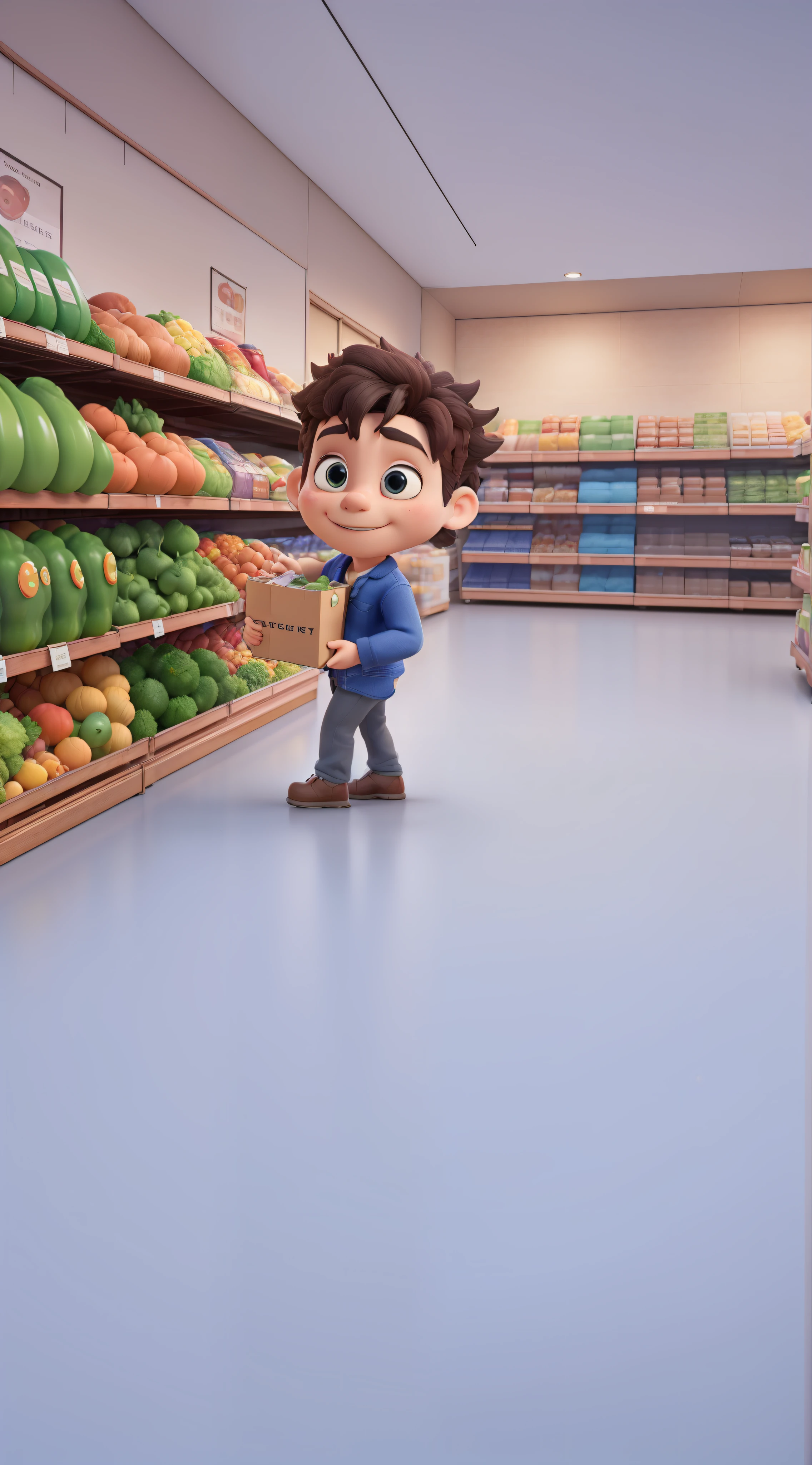 shopping groceries, getting groceries, Male store clerk holding cardboard box, inside a supermarket, Supermarket shelves full, 3D, toy photos, Lovely 3D rendering, animation stills, shopping cart, cart, stood in a supermarket, animation stills, Promotional renderings, Convenience stores, 3D characters, ((better quality)), ((artwork)), (detailed), perfect face shape