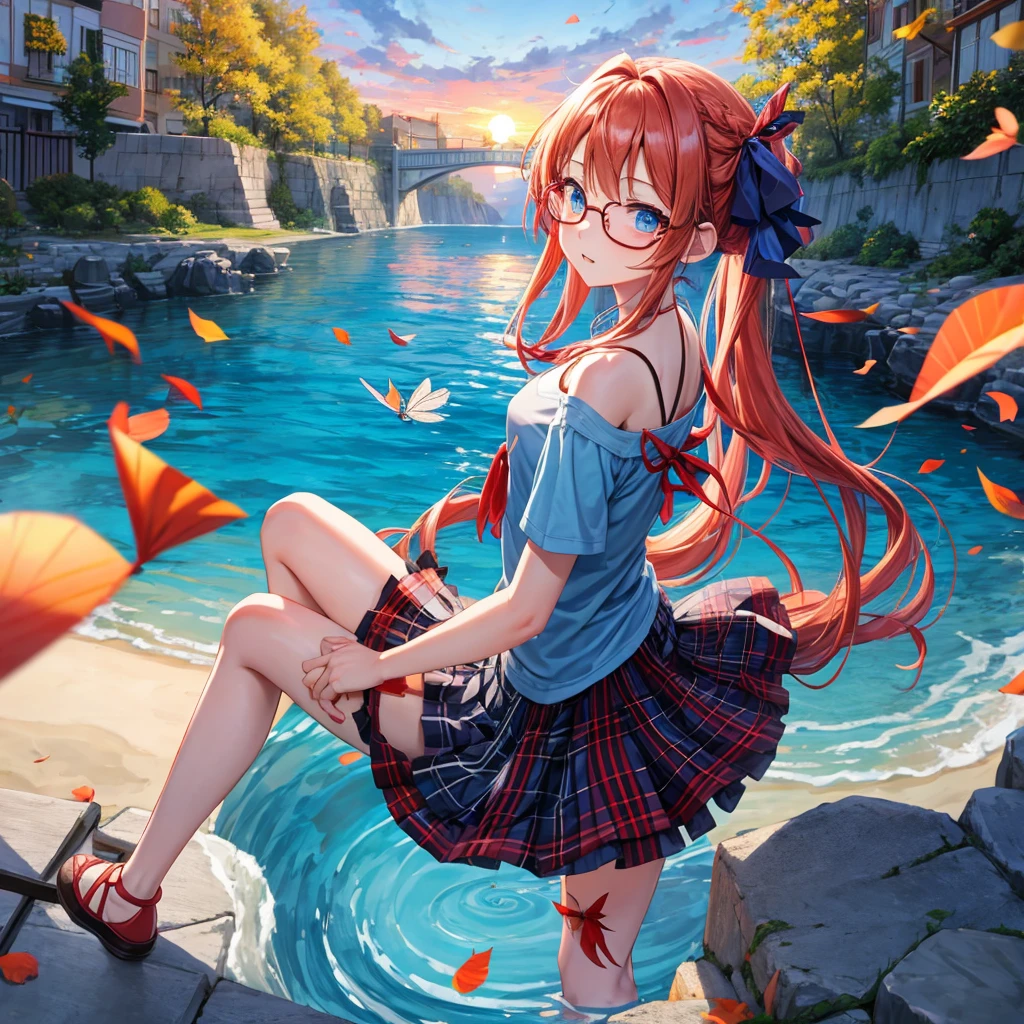 blue hair、Red-blonde、blue eyes、Braid、one good looking girl、solo、anime、Plaid miniskirt、camisole、black t-shirt、Tilting your face、Doing the ribbon、Ribbon at waist、sunset sky、stone stairs、petal、tunnel、Fallen leaves、wearing glasses、waterfall、paper airplane、Pushing a bicycle、Burning、Have an insect net