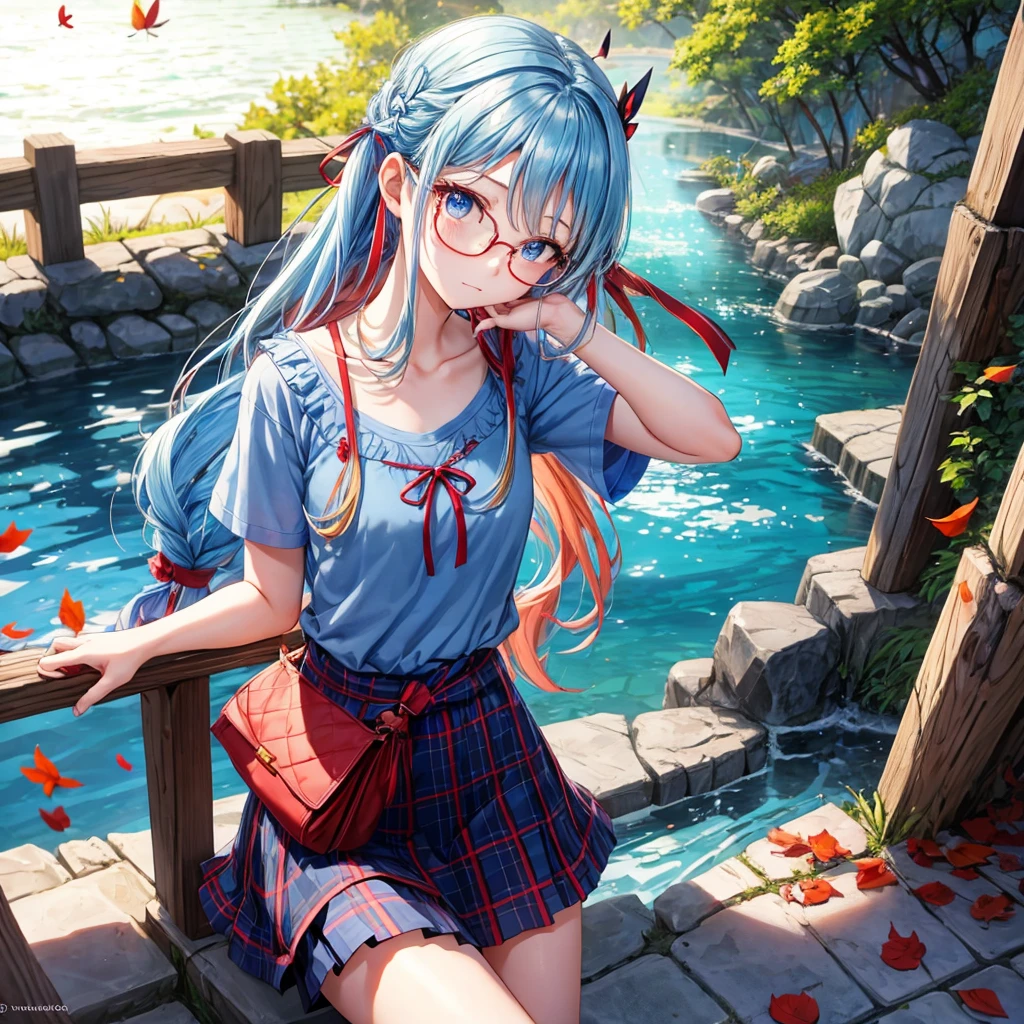 blue hair、Red-blonde、blue eyes、Braid、one good looking girl、solo、anime、Plaid miniskirt、camisole、black t-shirt、Tilting your face、Doing the ribbon、Ribbon at waist、sunset sky、stone stairs、petal、tunnel、Fallen leaves、wearing glasses、waterfall、paper airplane、Pushing a bicycle、Burning、Have an insect net