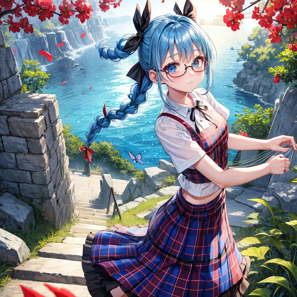 blue hair、Red-blonde、blue eyes、Braid、one good looking girl、solo、anime、Plaid miniskirt、camisole、black t-shirt、Tilting your face、Doing the ribbon、Ribbon at waist、sunset sky、stone stairs、petal、tunnel、Fallen leaves、wearing glasses、waterfall、paper airplane、Pushing a bicycle、Burning、Have an insect net