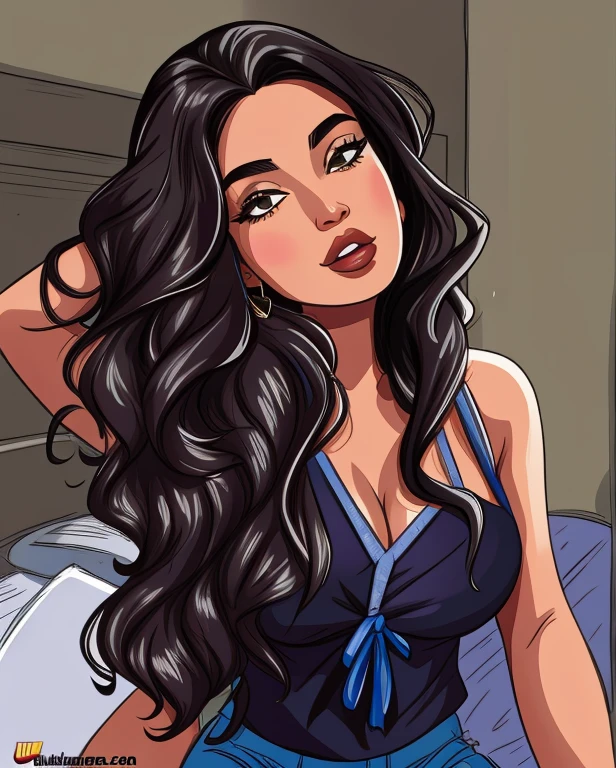 um close de uma mulher com longos cabelos escuros sentada em uma cama, cabelo preto longo e ondulado, cabelo preto longo e cacheado, cabelos ondulados escuros vibrantes, cabelo preto longo e ondulado, cabelo preto ondulado, cabelo preto longo e cacheado, cabelo preto longo e ondulado, cabelo preto longo e encaracolado, cabelos escuros longos e ondulados, penteado ondulado, com cabelos longos e cacheados, cabelo castanho longo e encaracolado