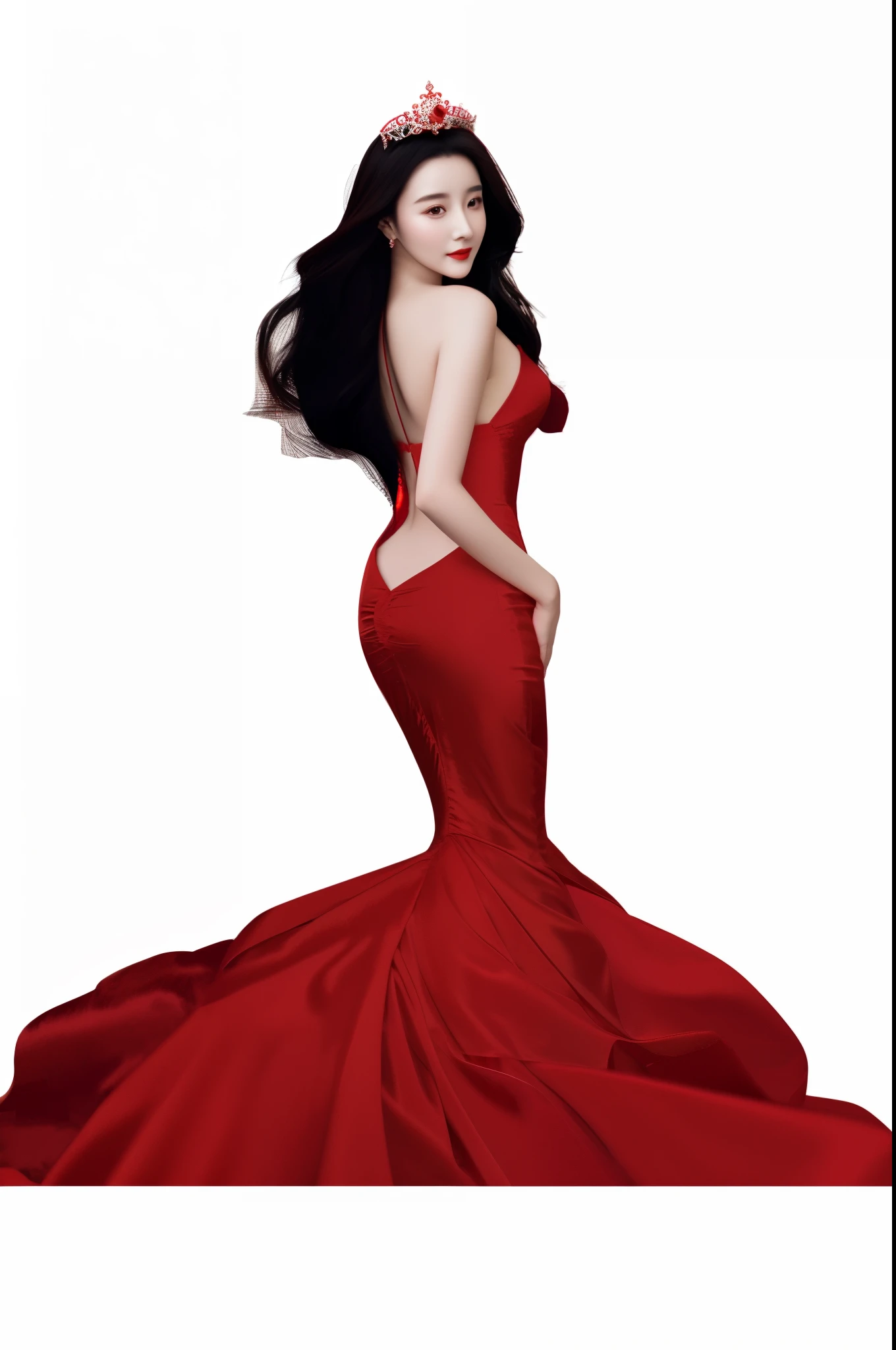 a close up of a woman in a red dress with a tia on her head, fan bingbing, girl wears a red dress, full body xianxia, li bingbing, in a red dress, grayscale phtoto with red dress, jia, wearing red dress, stunning elegant pose, red dress, jingna zhang, elegant red dress, glamorous pose