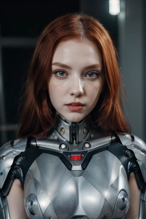 (masterpiece, best quality:1.2), woman with red hair posing for a picture, red hair and large eyes, pale-skinned perfect face, pale white face, with pale skin, 🤤 girl portrait, faint red lips, pale fair skin!!, red lips, pale skin and dark eyes, lovely delicate face, portait photo profile picture, hyper punk background, (humanoid cyborg:1.4) with (technological cyborg suit:1.4), standing and looking straight