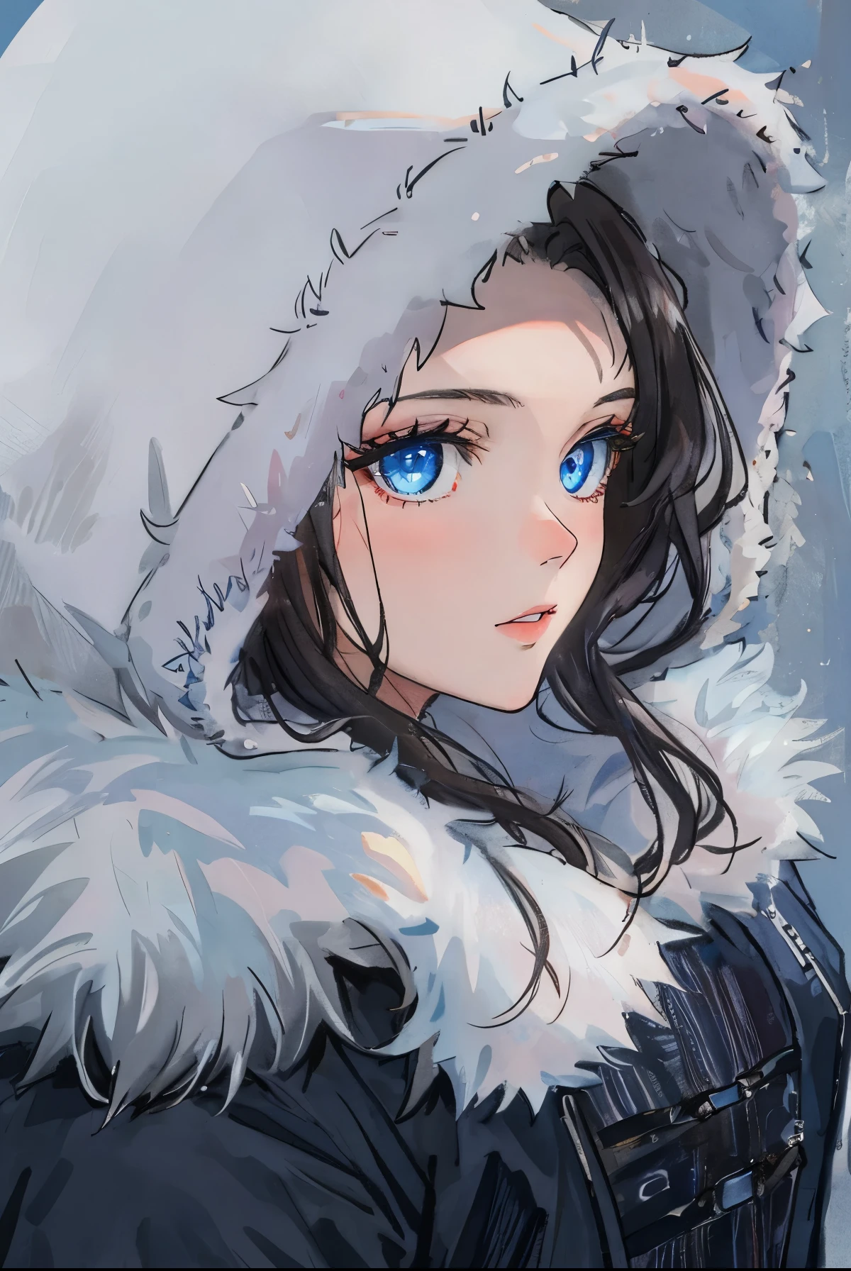 arafed woman in a black coat with a hood on, fur hood, action shot girl in parka, portrait of nordic girl, backlit shot girl in parka, beautiful nordic woman, close - up portrait shot, grey eyes, close up portrait shot, close up portrait photo, stunning face, with blue fur and blue eyes