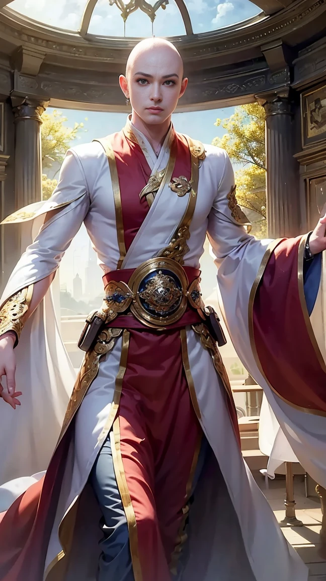 ((masterpiece)), HD clarity, monk,stand，cloth shoes， (((( 1 person, White sleeves, bald-headed, robe))))，(((1 teenager，bald-headed，monk，entire human body，tear nevus:)))，(bald-headed:1.8)，Cool sensation，Nature，peaceful，Childish。best quality，master painting：1.4），ultra high resolution，realistically，front lighting，intricate details，solo，（When young），looking at the audience，（Hollow pattern，White，silk），fit，VIP room，professional lighting，photon mapping，Radiosity，Physically based rendering，