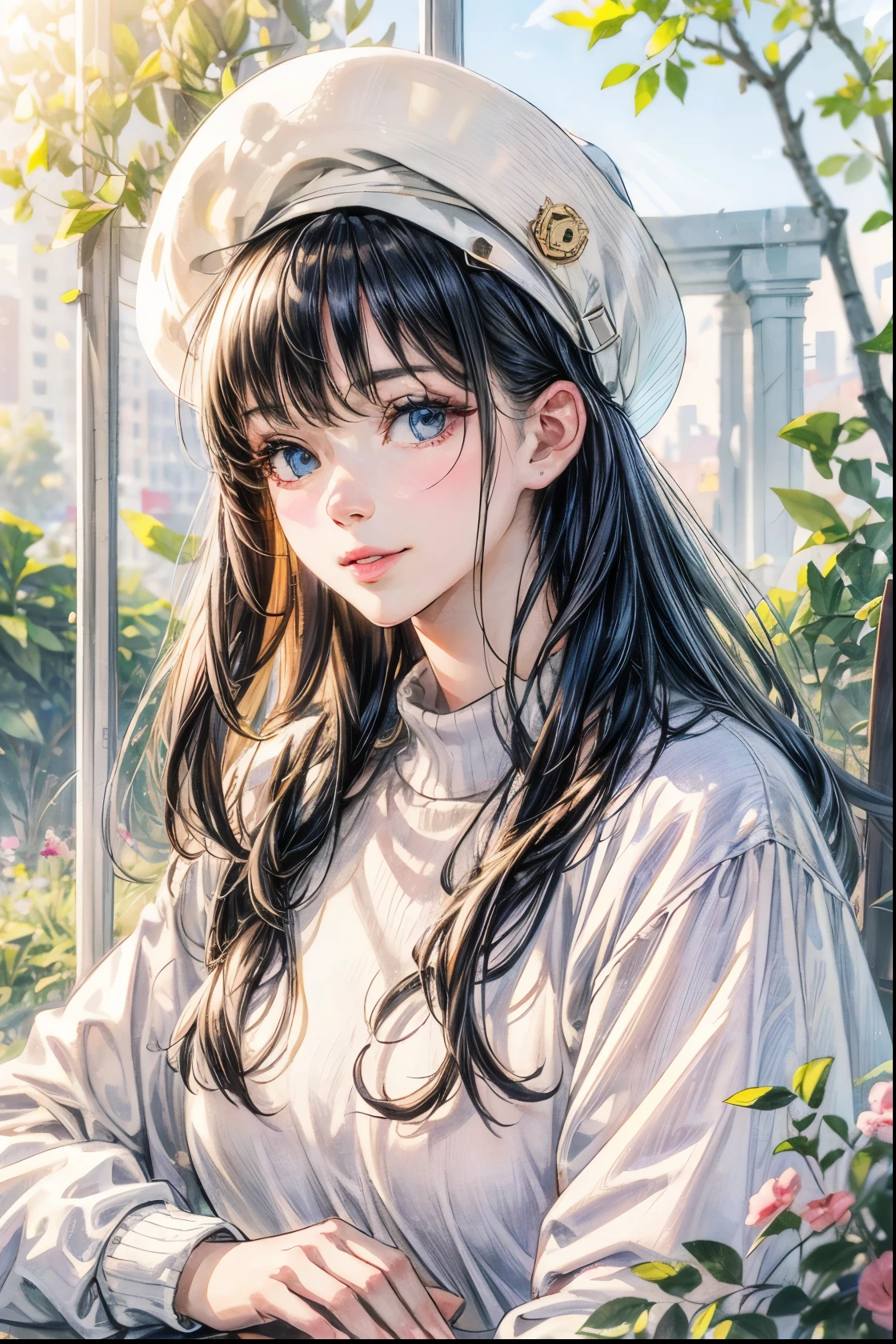 art by Cornflower, dreamy, (1girl, bangs, blue_flower, blue_ribbon, blue_rose, brooch, closed_mouth, flower, gem, hair_between_eyes, hat, hat_flower, hydrangea, jewelry, leaf, long_hair, looking_at_viewer, plant, rain, smile, solo, upper_body, water, water_drop, wet), small hands, hands behind body, arms behind back