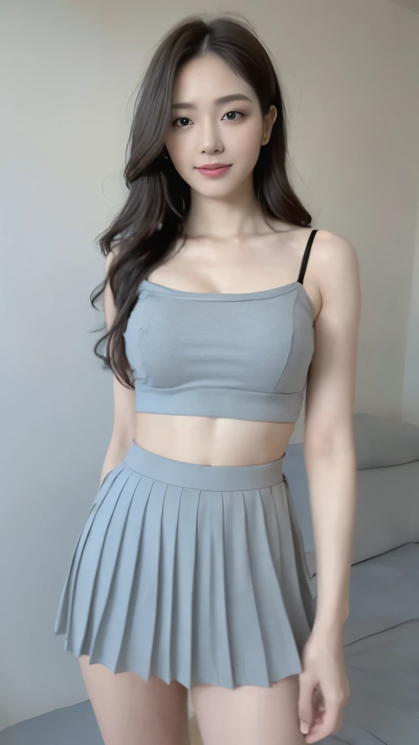 ((top-quality、8k、​masterpiece:1.3))、Beautiful woman with perfect body:1.4、slim abdomen:1.2、Longhair, normal breast, Highly detailed facial and skin texture, A detailed eye, (smile), (full body shot), ((studio)), (standing), (((wearing pleated skirt)), looking in front, (((plain grey background:1.3)))