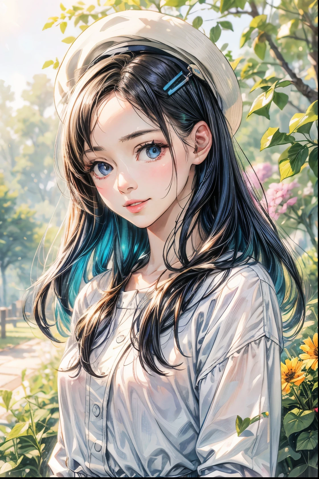 (best quality, highres, realistic), portrait, girl, detailed eyes and lips, white hat and sweater, posing, outdoor, beautiful garden, soft sunlight, vibrant colors, gentle breeze, joyful expression, flowing hair, natural backdrop, (8k, RAW photo, best quality, masterpiece:1.2, masterpiec8K.HDR. highresabsurdres:1.2, film grain, blurrybokeh:1.2, lens flare, (vibrant color:1.2), (delicate))