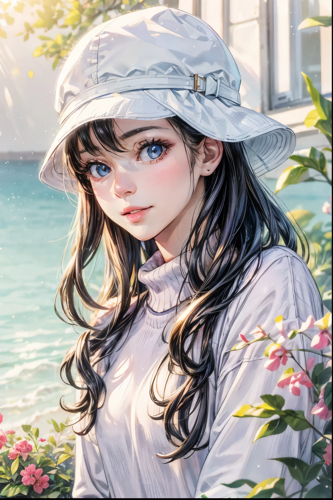 (best quality, highres, realistic), portrait, girl, detailed eyes and lips, white hat and sweater, posing, outdoor, beautiful garden, soft sunlight, vibrant colors, gentle breeze, joyful expression, flowing hair, natural backdrop, (8k, RAW photo, best quality, masterpiece:1.2, masterpiec8K.HDR. highresabsurdres:1.2, film grain, blurrybokeh:1.2, lens flare, (vibrant color:1.2), (delicate))