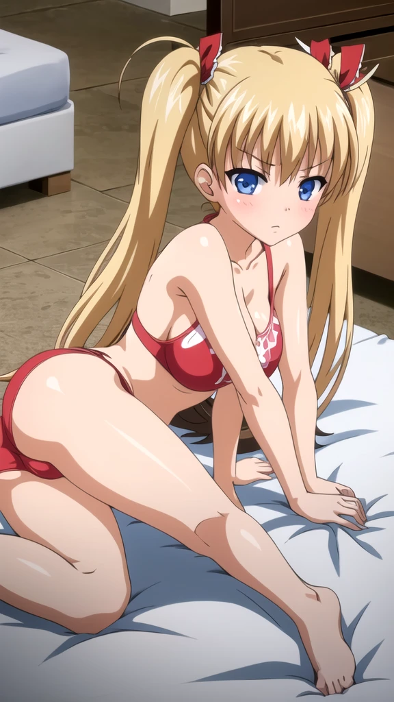 1girl, akizuki airi, blue eyes, blonde_hair, twintails, very_long_hair, she is wearing it in her hair_ornament red, hair_scrunchie red, medium_breasts, Bikini, pink bikini, full body, She is naked with an apron, bed, white bed, lying down, dakimakura, ranking: explicit,