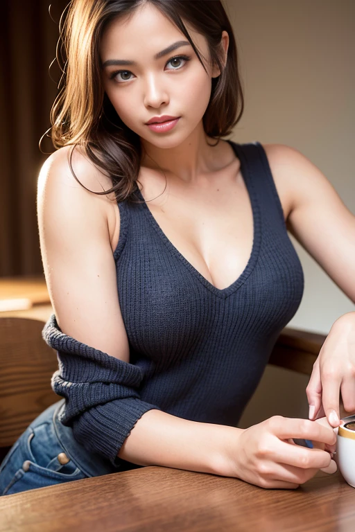 Tank top, whole body, model pose, (realistic, photo-realistic:1.37),(8K, RAW photo, highest quality, masterpiece:1.2), cute, Super detailed,heart shaped eyes,Physically based rendering, ultra high resolution, Kodakvision Color, Shot with Aricum LT camera, Bokeh, sharp focus,
looking at the viewer,photorealistic,realistic, alone, photorealistic, highest quality,highly detailed face,highly detailed eyes and face, beautiful and detailed eyes, incredibly, unforgettable smile,messy hair, floating hair, bright look., model pose, I'm drinking coffee, cleavage, 8K, highest qualityの, table top:1.2), (realistic, Photoreal:1.37), highest qualityの, table top, beautiful young woman, pensive expression,、attractive、and an inviting look, Oversized knitwear、cleavage, tie hair back, movie background