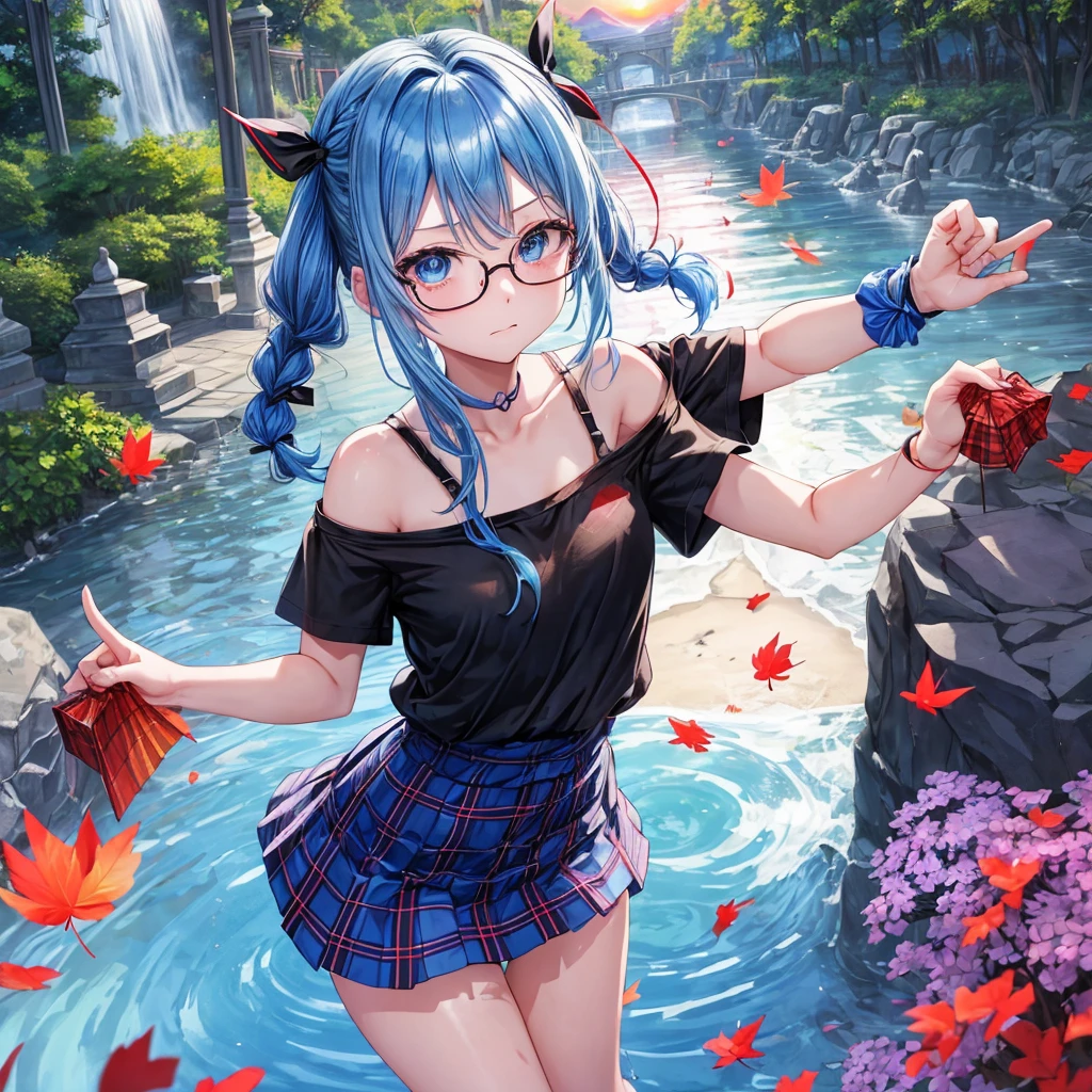 blue hair、Red-blonde、blue eyes、Braid、one good looking girl、solo、anime、Plaid miniskirt、camisole、black t-shirt、Tilting your face、Doing the ribbon、Ribbon at waist、sunset sky、stone stairs、petal、tunnel、Fallen leaves、wearing glasses、waterfall、paper airplane、Pushing a bicycle、Burning、singing