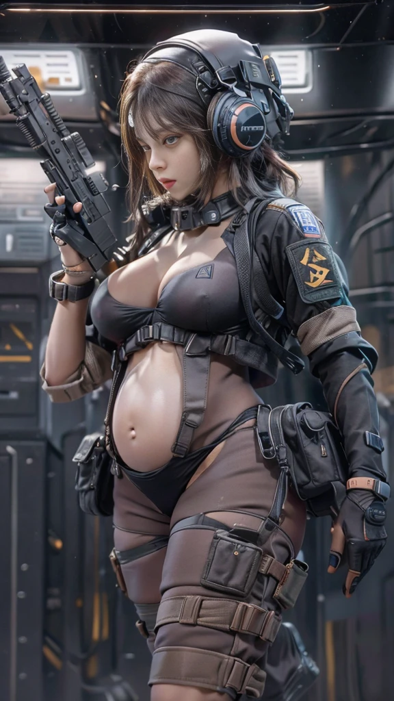 1 girl, 8k resolution, masterpiece, full term pregnancy with octuplets, huge round belly, pregnant belly exposed, black tactical cargo pants, black body suit, black combat boots, black triangle bikini, sniper rifle, realistic tits, tall, beautiful, curvy, athletic, sexy pose, full body view, different perspectives, ultra high detail, beautiful face, ultra high detail face, black combat headset, pastel colors, soft lighting, mother,  bearing hips,