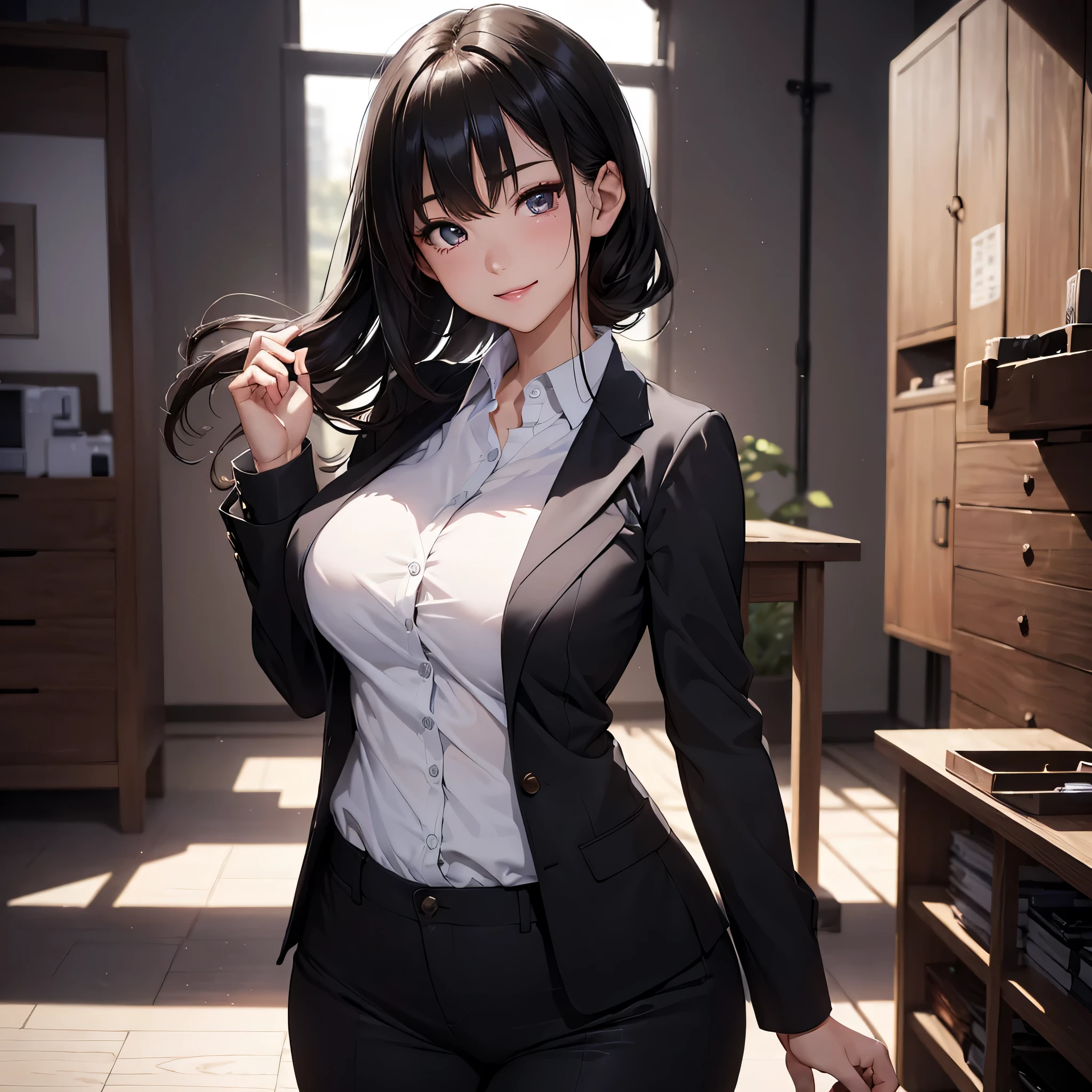 One super beautiful woman、((highest quality、8K masterpiece:1.3))、sharp focus:1.2、(super beautiful face:1.0)、(shiny skin:1.0)、realistic pictures、black hair、video writing、High resolution eyes and face、The front side of the huge breasts of Japanese idol actresses、shy smile、The beauty of slender abs、whole body、wearing a suit、(wearing a shirt)、At work