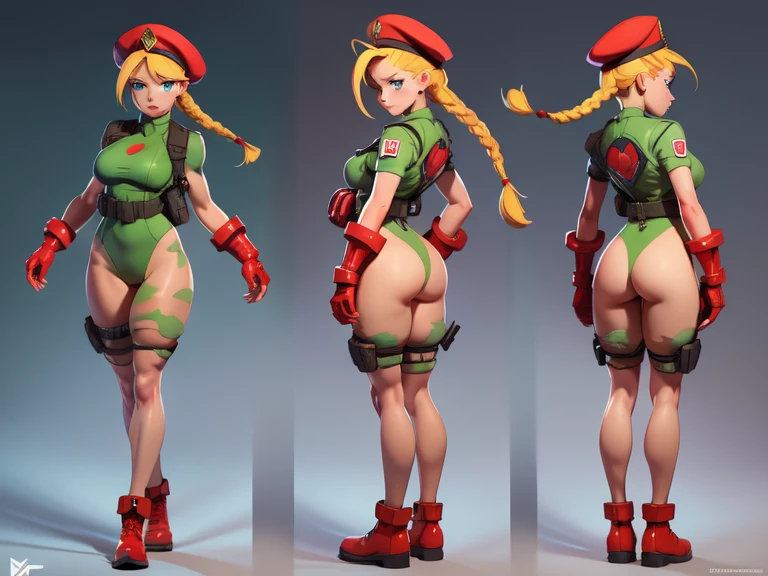 ((masterpiece)),(((best quality))),((character design sheet)), concept, poses, masterpiece, best quality, highres, 1girl, cammy white, twin braids, long hair, blonde hair, antenna hair, beret, military gear, (red headwear:1.3), blue eyes, scar on cheek, green leotard, large breasts, sleeveless, red gloves, fingerless gloves, camouflage, cowboy shot, standing, outdoors, arms at sides, straight-on, blank background ,chara-sheet