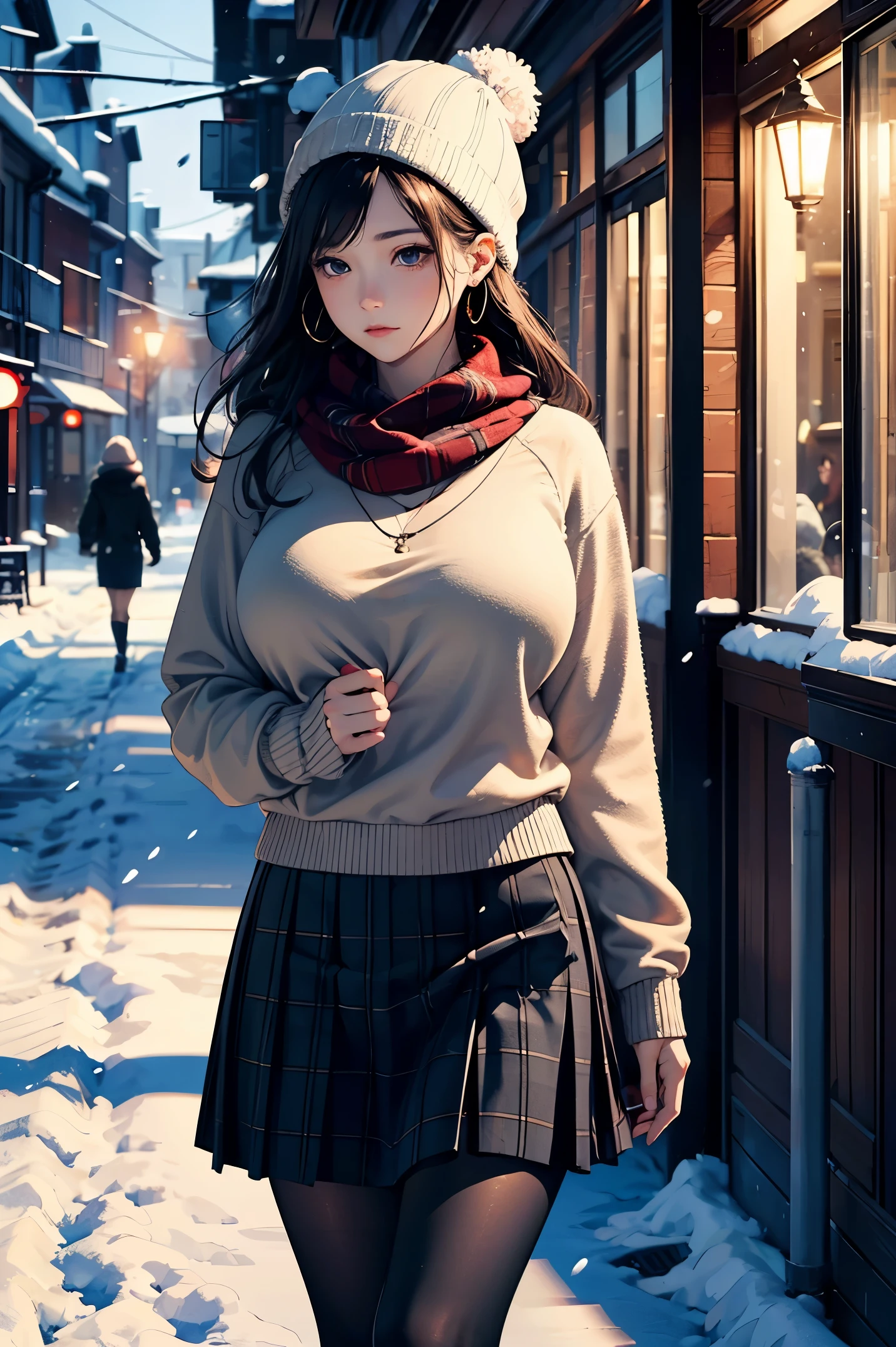 (masterpiece:1.4)、(highest quality:1.4)、ultra high resolution、beautiful features、20 year old woman、black long hair、earrings、knit hat、Beige sweater、Scarf、Plaid skirt、tights、(huge breasts:1.1)、red face、sad expression、looking away、it's snowing、In town、walk、profile、evening