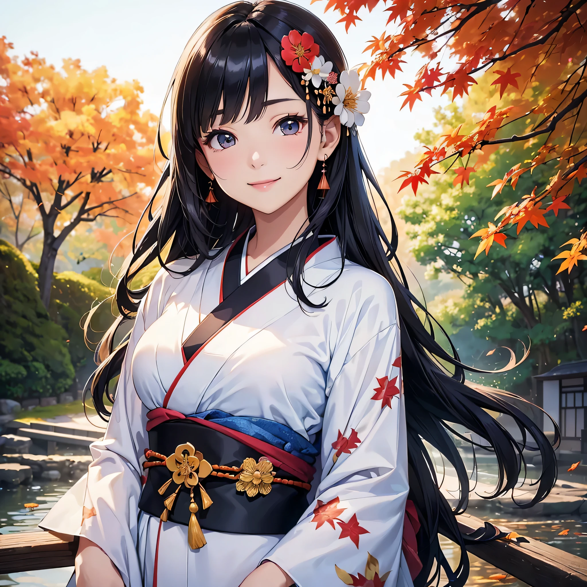 (Super beautiful woman in kimono)、((highest quality、8K masterpiece:1.3))、sharp focus:1.2、(super beautiful face:1.0)、(shiny skin:1.0)、realistic pictures、black haired、video writing、High resolution eyes and face、video writing、japanese actress、from the front、Medium chest、with a happy smile、wearing a kimono、under the autumn leaves、highest grade obi