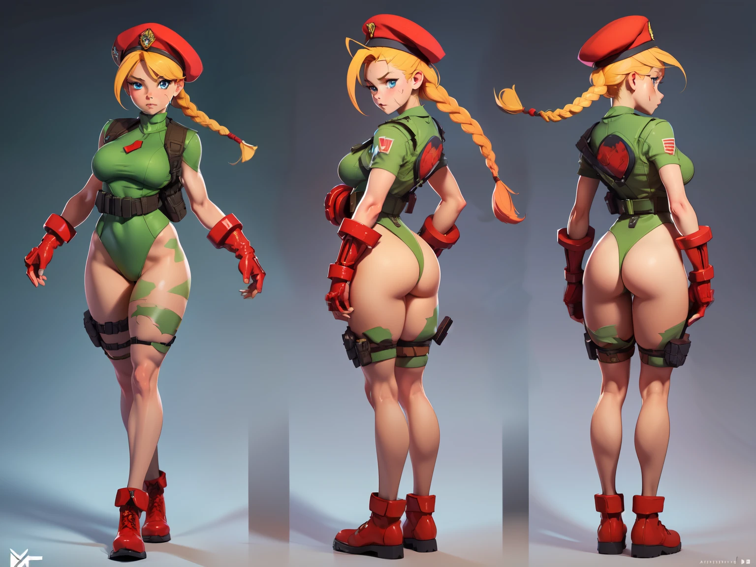 ((masterpiece)),(((best quality))),((character design sheet)), concept, poses, masterpiece, best quality, highres, 1girl, cammy white, twin braids, long hair, blonde hair, antenna hair, beret, military gear, (red headwear:1.3), blue eyes, scar on cheek, green leotard, large breasts, sleeveless, red gloves, fingerless gloves, camouflage, cowboy shot, standing, outdoors, arms at sides, straight-on, blank background ,chara-sheet