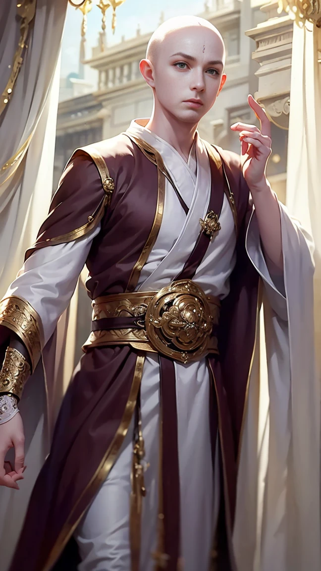 ((masterpiece)), HD clarity, monk,stand,cloth shoes, (((( 1 person, White sleeves, bald-headed, robe)))),(((1 teenager,bald-headed,monk,entire human body,tear nevus:))),(bald-headed:1.8),Cool sensation,Nature,peaceful,Childish。best quality,master painting:1.4),ultra high resolution,realistically,front lighting,intricate details,solo,(When young),looking at the audience,(Hollow pattern,White,silk),fit,VIP room,professional lighting,photon mapping,Radiosity,Physically based rendering,