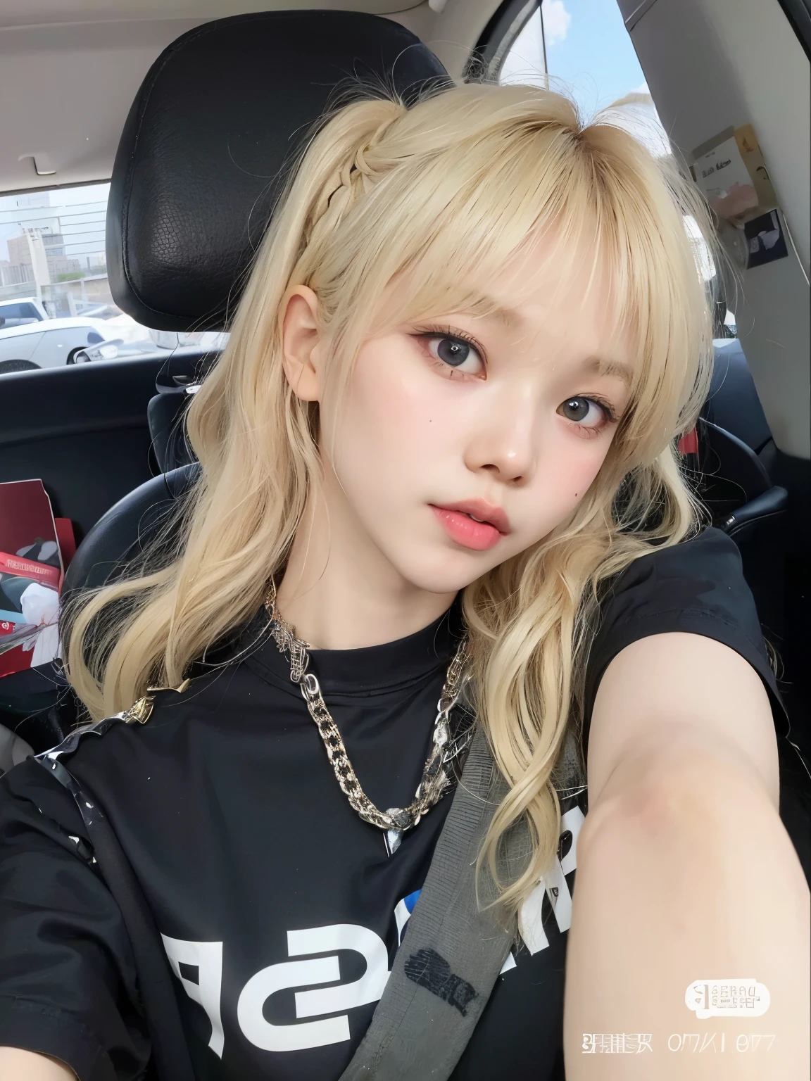 blond haired girl with a black shirt and a silver chain, lalisa manobal, lalisa manoban of blackpink, ulzzang, with full bangs, with bangs, roseanne park of blackpink, the hime cut, neat hair with bangs, long hair with bangs, a girl with blonde hair, kim doyoung, long white hair and bangs