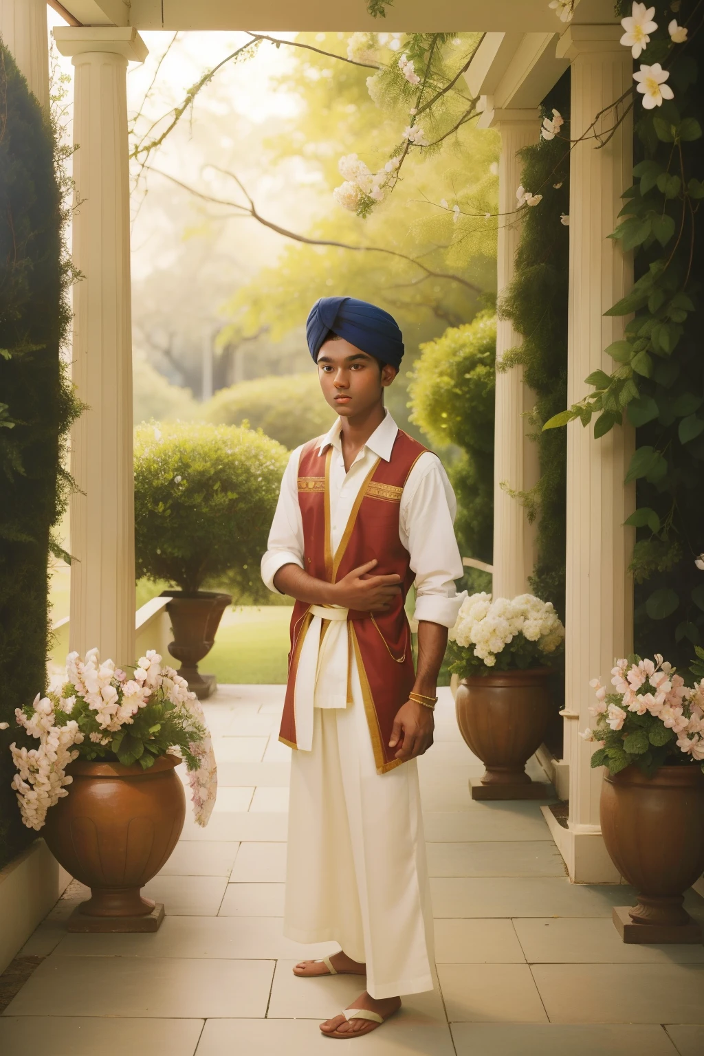 On the sunlit veranda of a Southern plantation in the 1990s, a fifteen-year-old Indian boy, with a neatly tied turban and linen trousers, practices a traditional dance, surrounded by antebellum columns and blossoming magnolia trees.