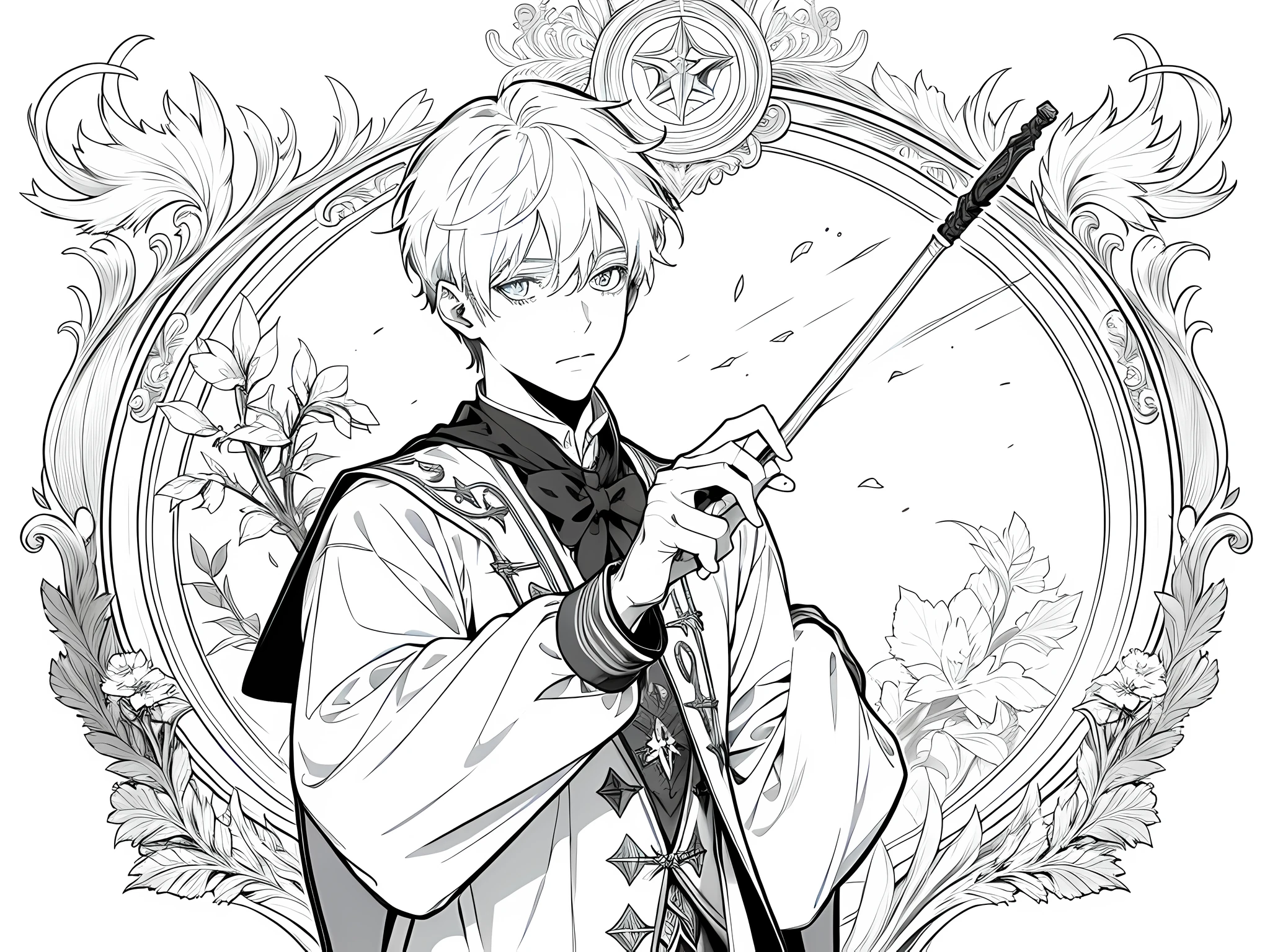 1 man (magical teacher), wearing hogwarts uniform, holding a magic wand, face to detail, detailed eyes, white hair, short hair, the background is white, monochrome (clear line, lineart)