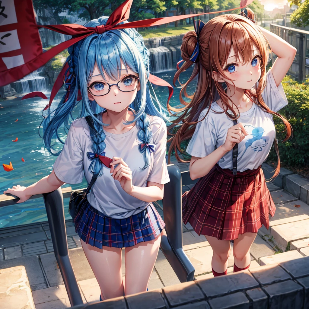 blue hair、Red-blonde、blue eyes、Braid、one good looking girl、solo、anime、Plaid miniskirt、camisole、black t-shirt、Tilting your face、Doing the ribbon、Ribbon at waist、sunset sky、stone stairs、petal、tunnel、Fallen leaves、wearing glasses、waterfall、paper airplane、Trying to get on the train、Burning、Have an insect net、meteorite