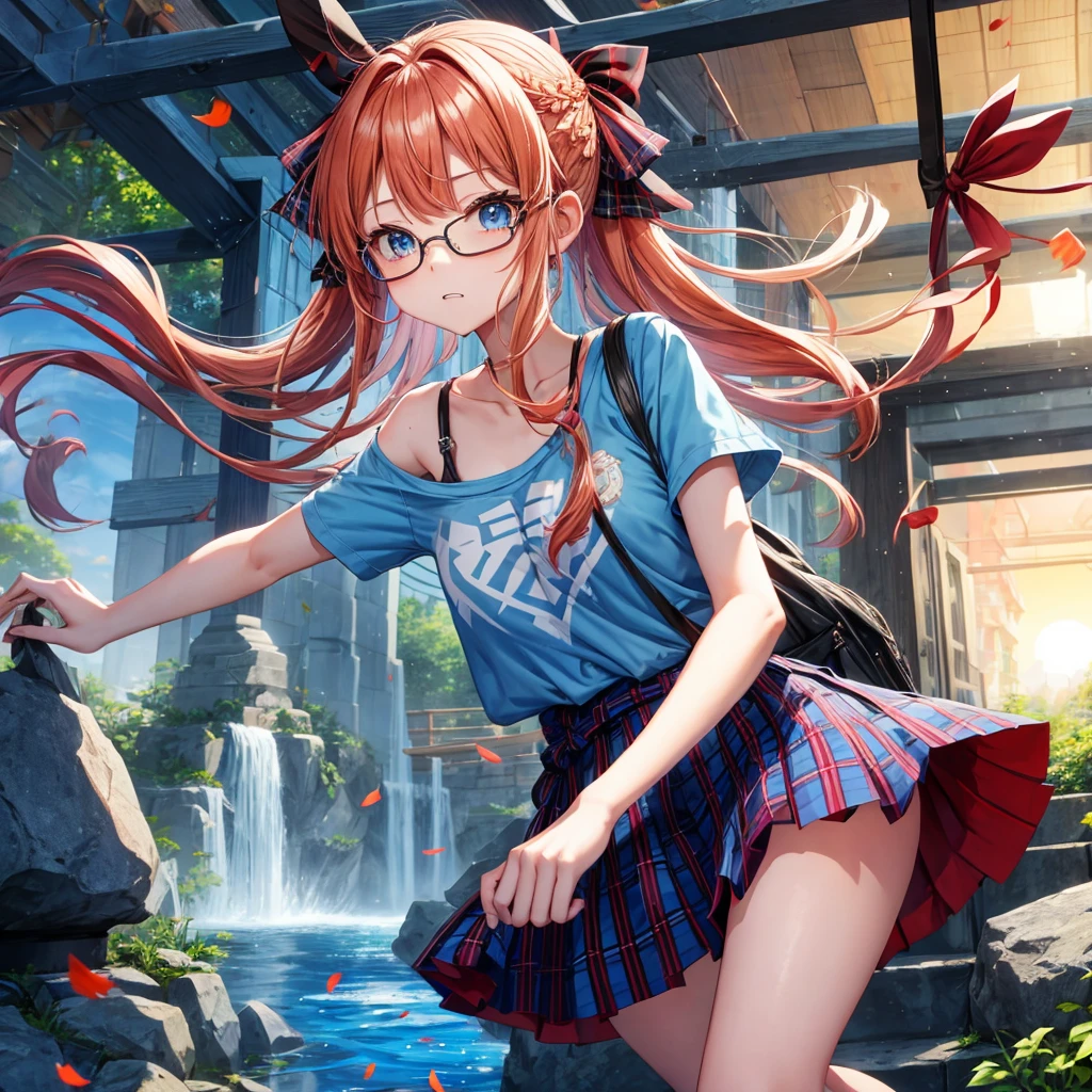 blue hair、Red-blonde、blue eyes、Braid、one good looking girl、solo、anime、Plaid miniskirt、camisole、black t-shirt、Tilting your face、Doing the ribbon、Ribbon at waist、sunset sky、stone stairs、petal、tunnel、Fallen leaves、wearing glasses、waterfall、paper airplane、Trying to get on the train、Burning、Have an insect net、meteorite