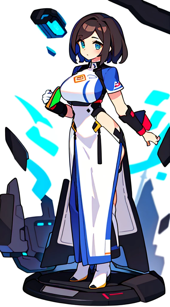 solo woman, (((blurry background, white background))), character focus, standing, full body, clerk, salesperson, earth-color outfit,