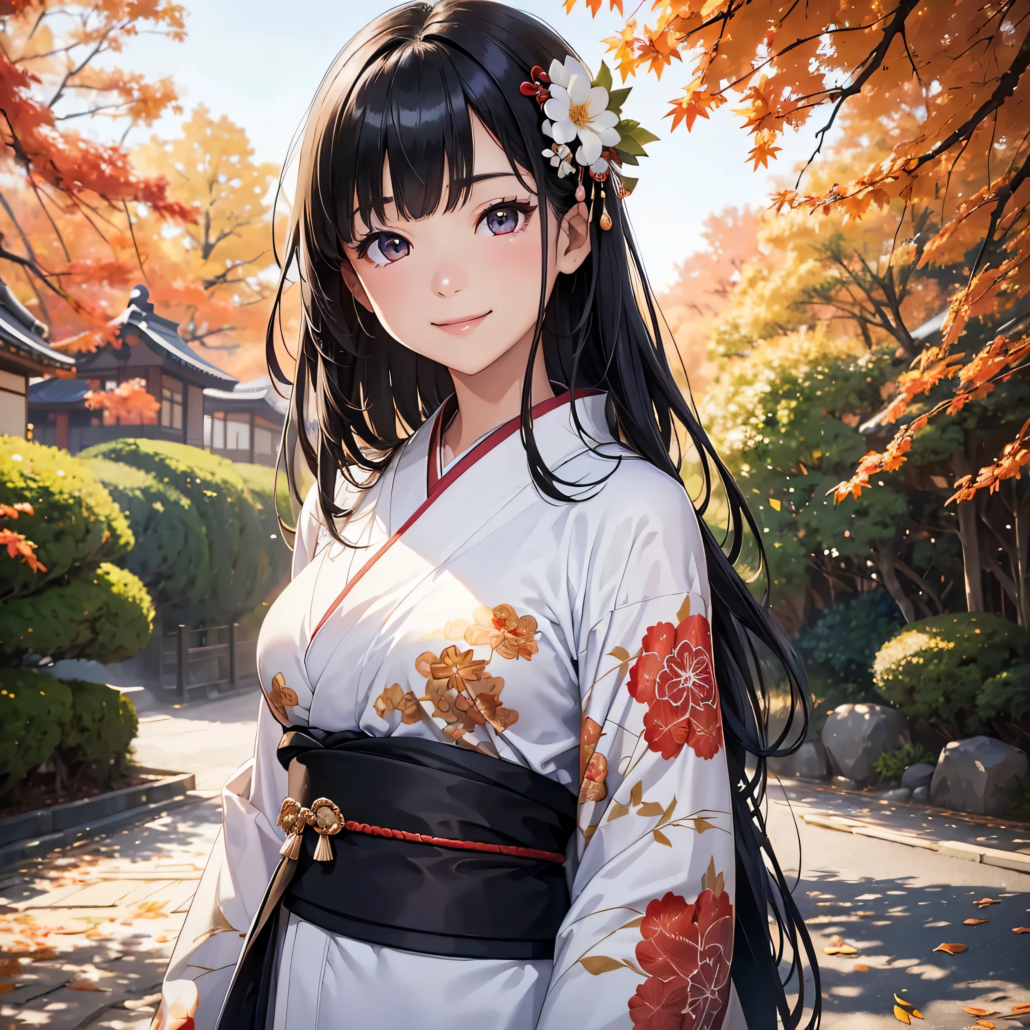 (Super beautiful woman in kimono)、((highest quality、8K masterpiece:1.3))、sharp focus:1.2、(super beautiful face:1.0)、(shiny skin:1.0)、realistic pictures、black haired、video writing、High resolution eyes and face、video writing、japanese actress、from the front、Medium chest、with a happy smile、wearing a kimono、under the autumn leaves、highest grade obi