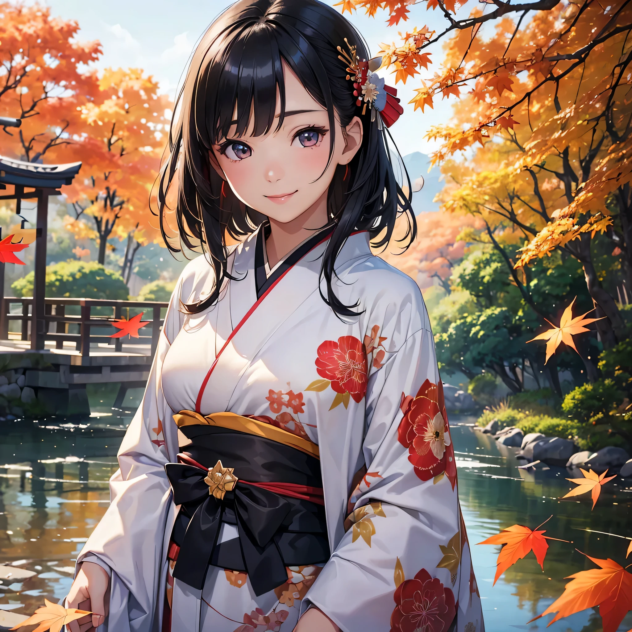 (Super beautiful woman in kimono)、((highest quality、8K masterpiece:1.3))、sharp focus:1.2、(super beautiful face:1.0)、(shiny skin:1.0)、realistic pictures、black haired、video writing、High resolution eyes and face、video writing、japanese actress、from the front、Medium chest、with a happy smile、wearing a kimono、under the autumn leaves、highest grade obi
