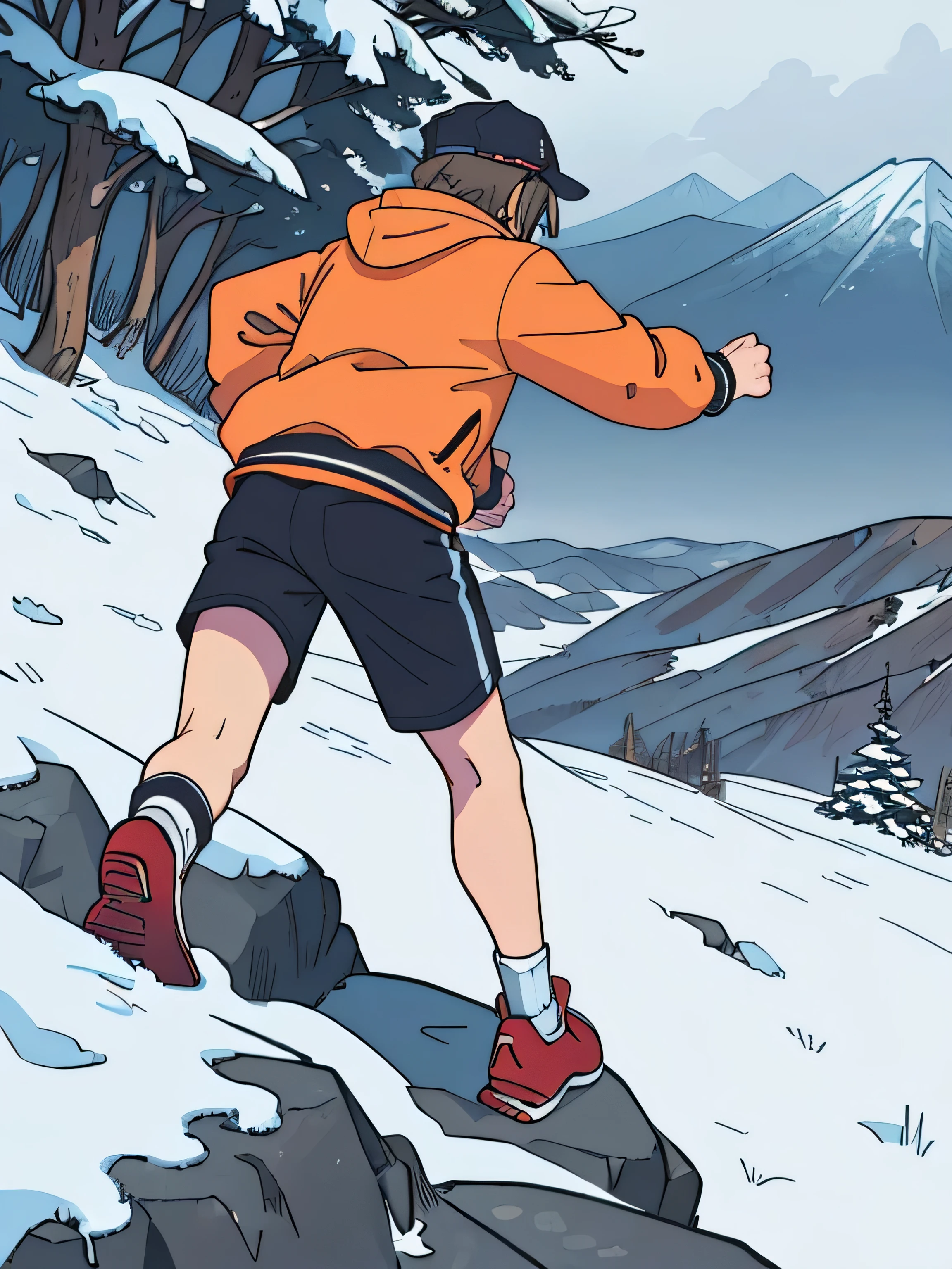 (masterpiece，best quality)，1 boy，mountain climbing，running，Back，winter，穿着mountain climbing装备，jaqueta laranja，Wear a hat，背mountain climbing包，穿snow靴，拿mountain climbing杖，snow，running，without showing face