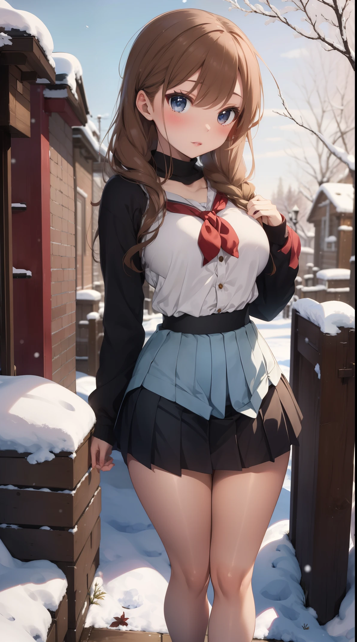 Miss, ((masterpiece, best quality)), full body view, Sexy, 爆裂的巨big breasts, Delicate skin, 《冰snow奇缘》中的Anna, Very detailed, Cinema lighting, Surreal, blush, looking at the audience,  Anna, Anna from frozen, Princess, disney, brown hair, long hair, portrait, outdoor, snow,  split,  big breasts,  wide hips, full body view, High, 
skirt, miniskirt, microskirt, pleated skirt, thigh,