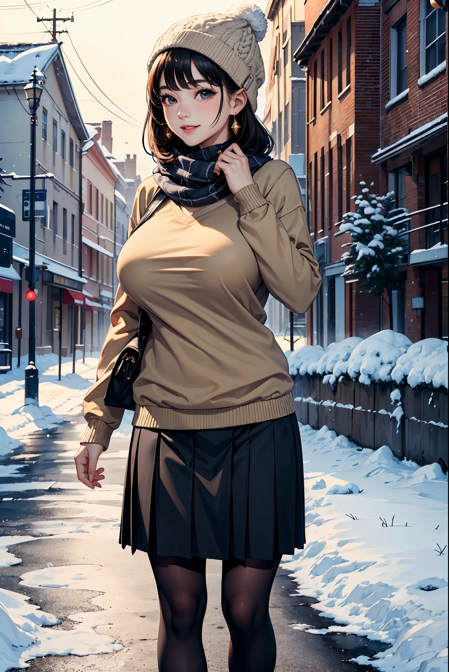(masterpiece:1.4)、(highest quality:1.4)、ultra high resolution、beautiful features、20 year old woman、black short bob、earrings、knit hat、Beige sweater、Scarf、Plaid skirt、tights、(huge breasts:1.1)、red face、smile、it&#39;s snowing、In town、walk、profile、sunrise、bust up shot