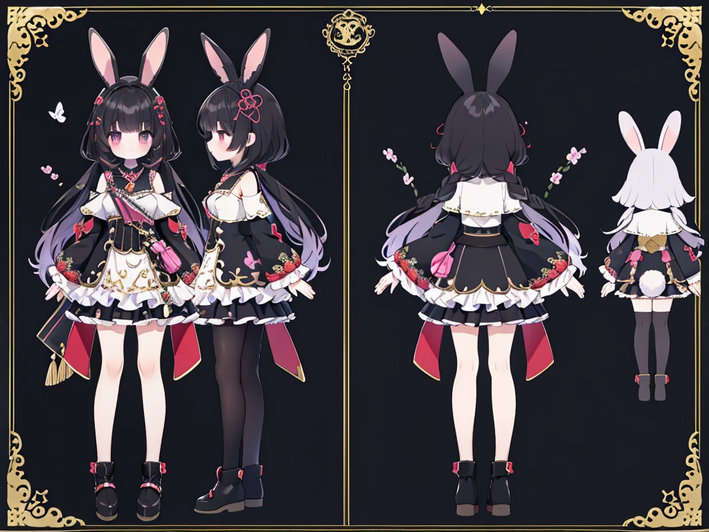 Standing picture、full body esbian、put your hands together on your hips、flower hair ornament、black hair、fluttering hair、smile,masterpiece、best image quality、black and purple mini dress、pleated skirt、length-sleeve、Moe sleeve,character reference sheet,Kuromi,rabbit ears,side