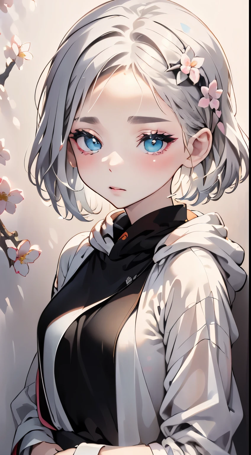 RAW photo、A wall with pictures of flowers on a white wall、Wall with artistically painted pink flowers、one girl、Adorable Girl、cute face、ash gray hair、natural eyes、Detailed eyes、small nose、silence、Zazen、small breasts、black hoodie、black clothes、highest quality、best image quality、masterpiece:1.3、portrait、8K、perfect lighting、professional photographer、