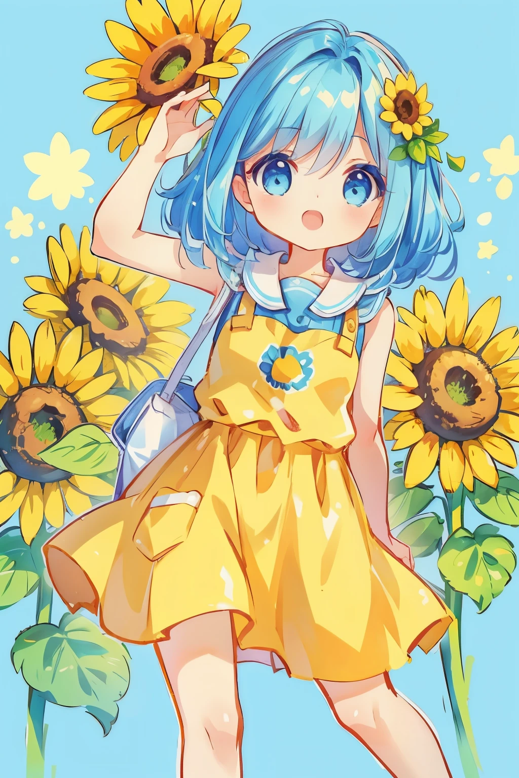 A female artist who expresses sunflowers with her body is、Open mouth and laugh、cute pose、The background is solid blue.