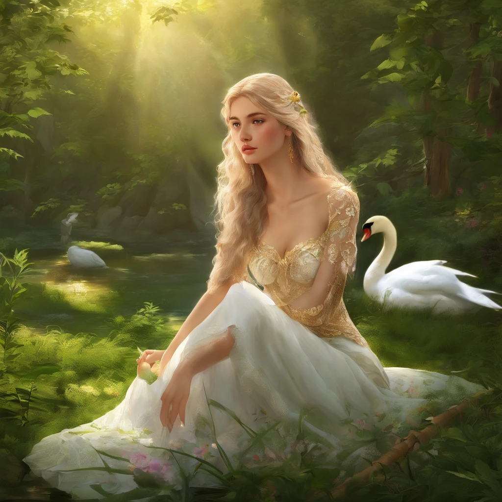 Epic fantasy in the style of digital art, ((Best quality)), ((masterpiece)), (detailed), perfect face, ((3d)), (European face), old Europe, (old Europe), (girl in a white torn long shirt with lace), Beautiful girl, (blond hair), White hair, (a girl sits on the grass and weaves twelve men's vintage shirts for swans), (there are thickets of green nettles around the girl), ((nettle)), (White swans fly around the girl), Girl with beautiful hands, girl crying, but is determined to weave shirts from nettles
(Best quality, a high resolution, ultra detailed), Realistic:1.37, HDR, Studio lighting, ultra-fine painting, Sharp Focus, Physical rendering, very detailed description, professional, bright colors, (Warm, golden tones), soft lighting in this high quality piece of art, an incredibly majestic male lion is portrayed. The artist has achieved a Realistic depiction with dynamic lighting, Creating a mesmerizing effect. The use of Warm, golden tones enhances