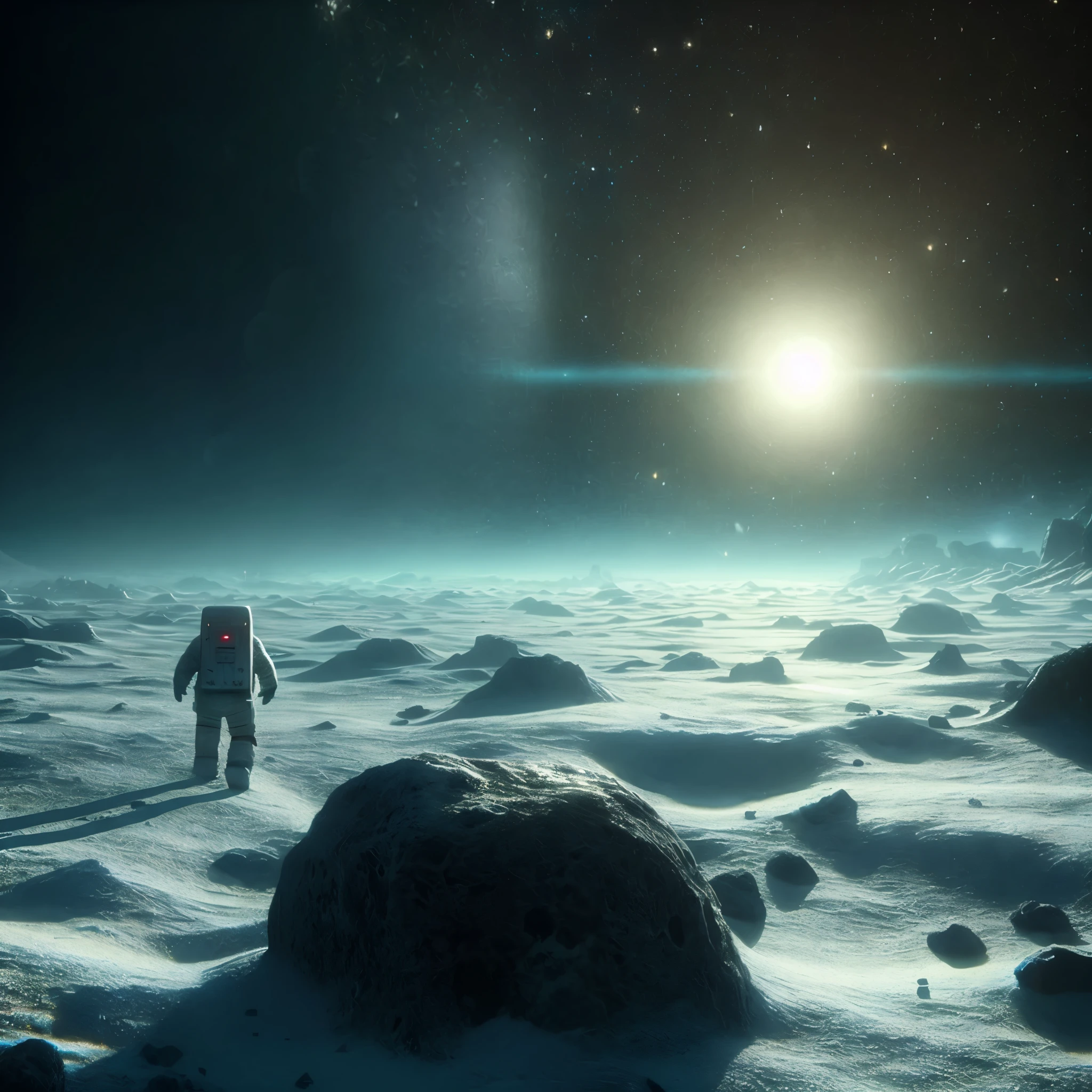 a man walking on a snowy surface with a bright light in the background, inspired by jessica rossier, beeple and tim hildebrandt, artem demura beeple, 3 d render beeple, beeple. octane render, inspired by roger deakins, inspired by Filip Hodas, by jessica rossier