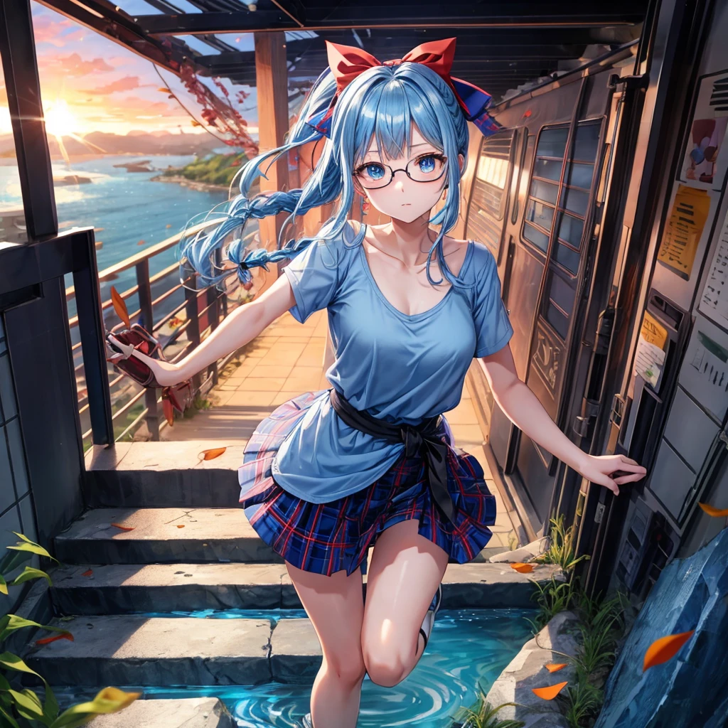 blue hair、Red-blonde、blue eyes、Braid、one good looking girl、solo、anime、Plaid miniskirt、camisole、black t-shirt、Tilting your face、Doing the ribbon、Ribbon at waist、sunset sky、stone stairs、petal、tunnel、Fallen leaves、wearing glasses、waterfall、paper airplane、Trying to get on the train、Burning、Have an insect net、meteorite