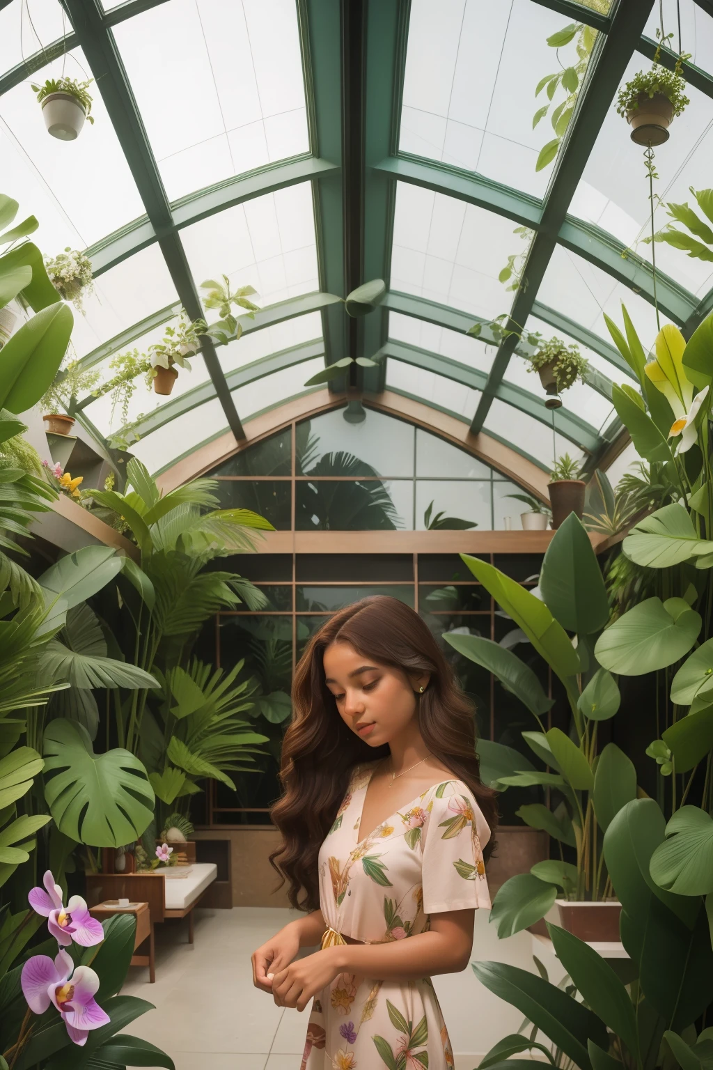 Within the lush botanical conservatory of a modern palace in the 2020s, a thirteen-year-old Latino girl, with long, wavy brown hair and a flower-printed sundress, delicately tends to a collection of exotic orchids, amidst contemporary glass architecture and mid-century furniture.