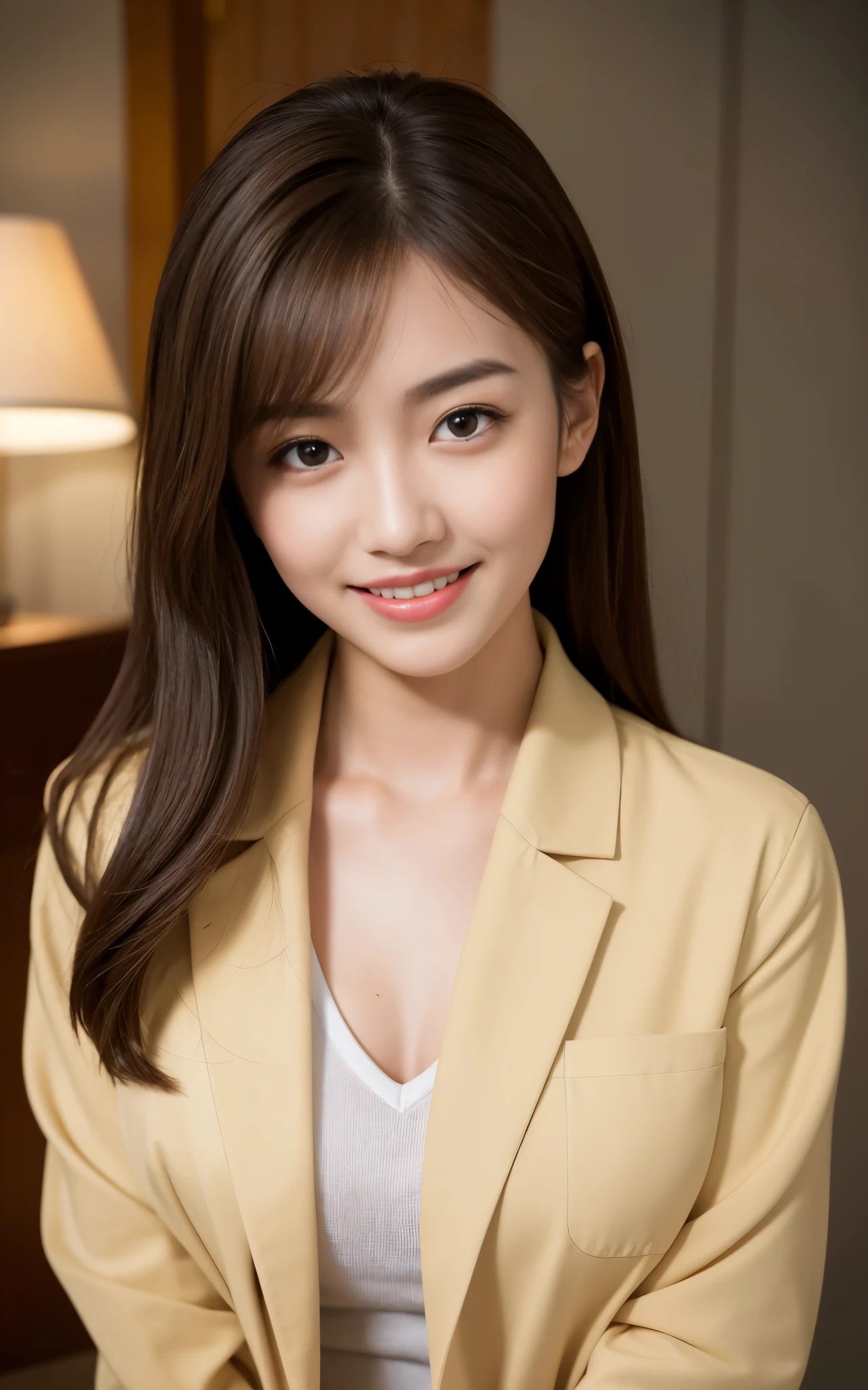 highest quality, figure, super detailed, finely, High resolution, 8k wallpaper, 完璧なダイナミックな構figure, beautiful skin, (Big eyes that shine like jewels), 20 year old beautiful girl, natural color lip, random sexy poses, Chest middle, smile, Highly detailed face and skin texture, Detailed eyes, Double eyelid,leaking teeth and laughing, close-up, from above, Brown hair long hair, (Beige jacket), (shirt:1.2), beautiful hotel lobby