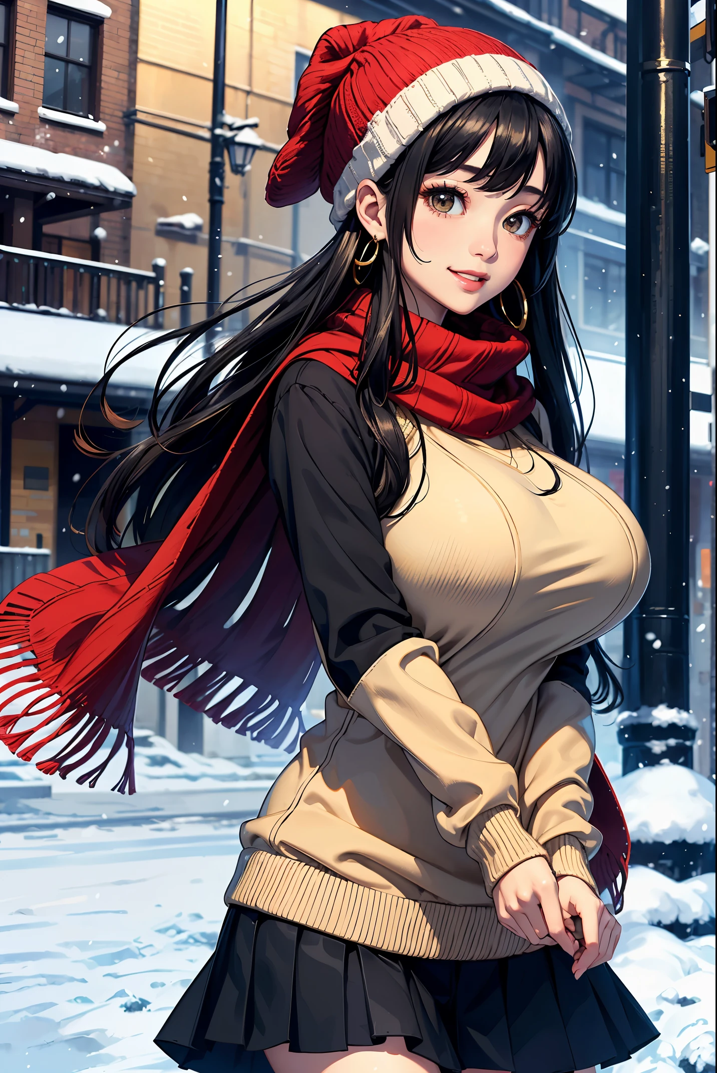 (masterpiece:1.4)、(highest quality:1.4)、ultra high resolution、beautiful features、20 year old woman、black long hair、earrings、knit hat、Beige sweater、Scarf、Plaid skirt、tights、(huge breasts:1.1)、red face、smile、it&#39;s snowing、In town、walk、profile、sunrise、Upper body