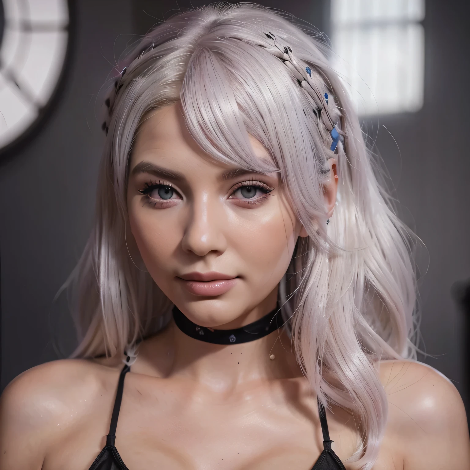 Emily Sears with white hair,(best quality,high resolution:1.2),(realistisch,photoRealistisch:1.37),portrait,verrotten,Rosa,Lila,blau,gelb.