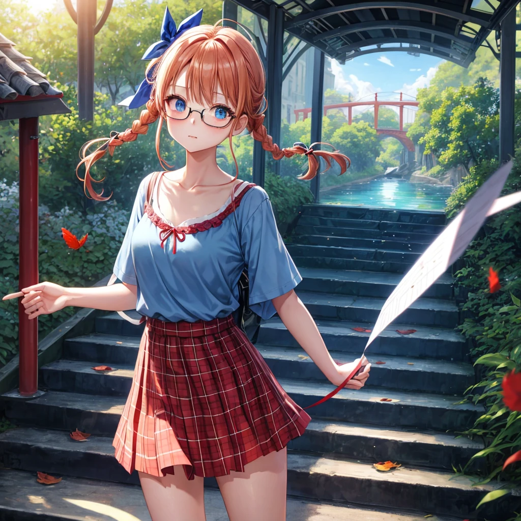 blue hair、Red-blonde、blue eyes、Braid、one good looking girl、solo、anime、Plaid miniskirt、camisole、black t-shirt、Tilting your face、Doing the ribbon、Ribbon at waist、sunset sky、stone stairs、petal、tunnel、Fallen leaves、wearing glasses、waterfall、paper airplane、Trying to get on the train、Burning、Have an insect net、meteorite