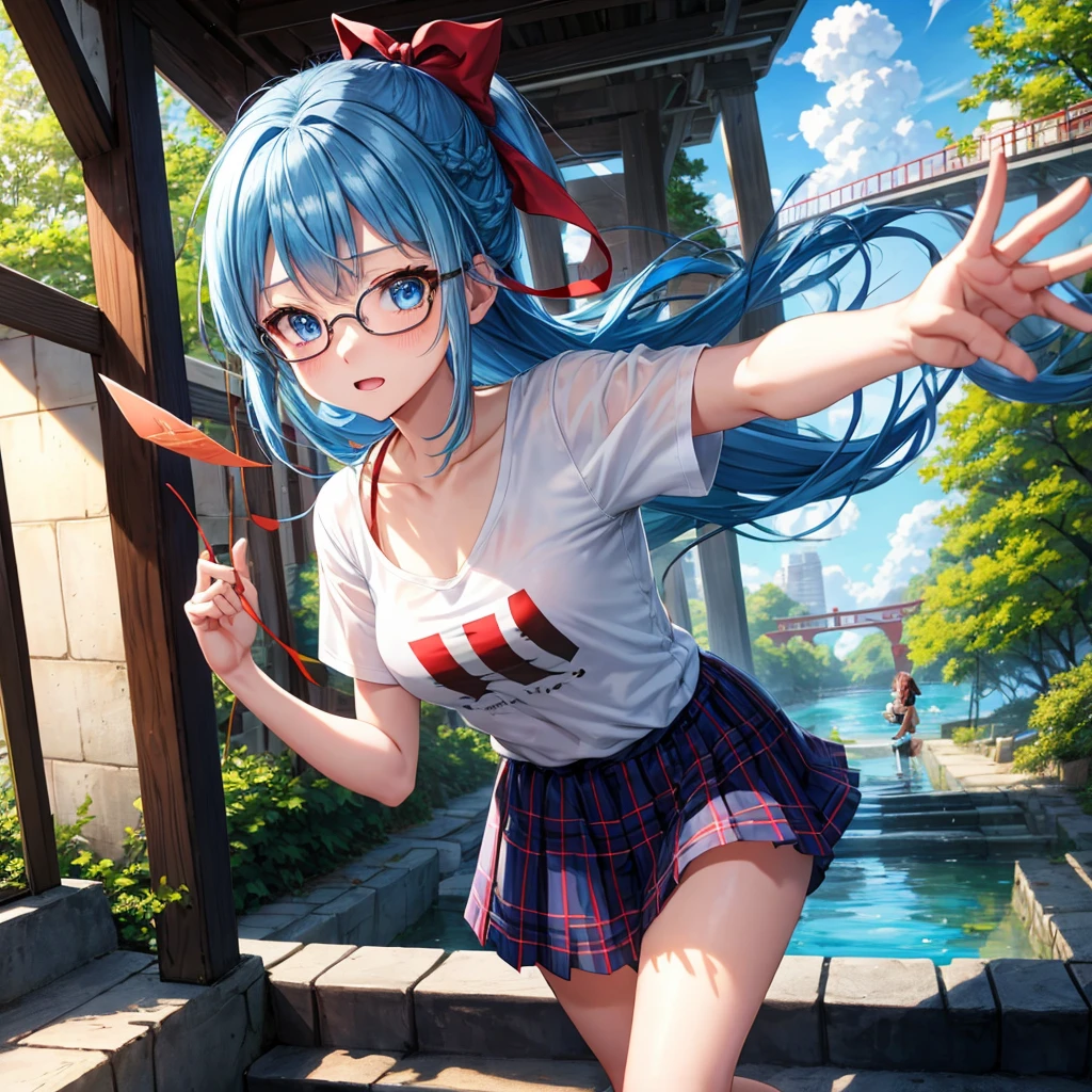blue hair、Red-blonde、blue eyes、Braid、one good looking girl、solo、anime、Plaid miniskirt、camisole、black t-shirt、Tilting your face、Doing the ribbon、Ribbon at waist、sunset sky、stone stairs、petal、tunnel、Fallen leaves、wearing glasses、waterfall、paper airplane、Trying to get on the train、Burning、Have an insect net、meteorite